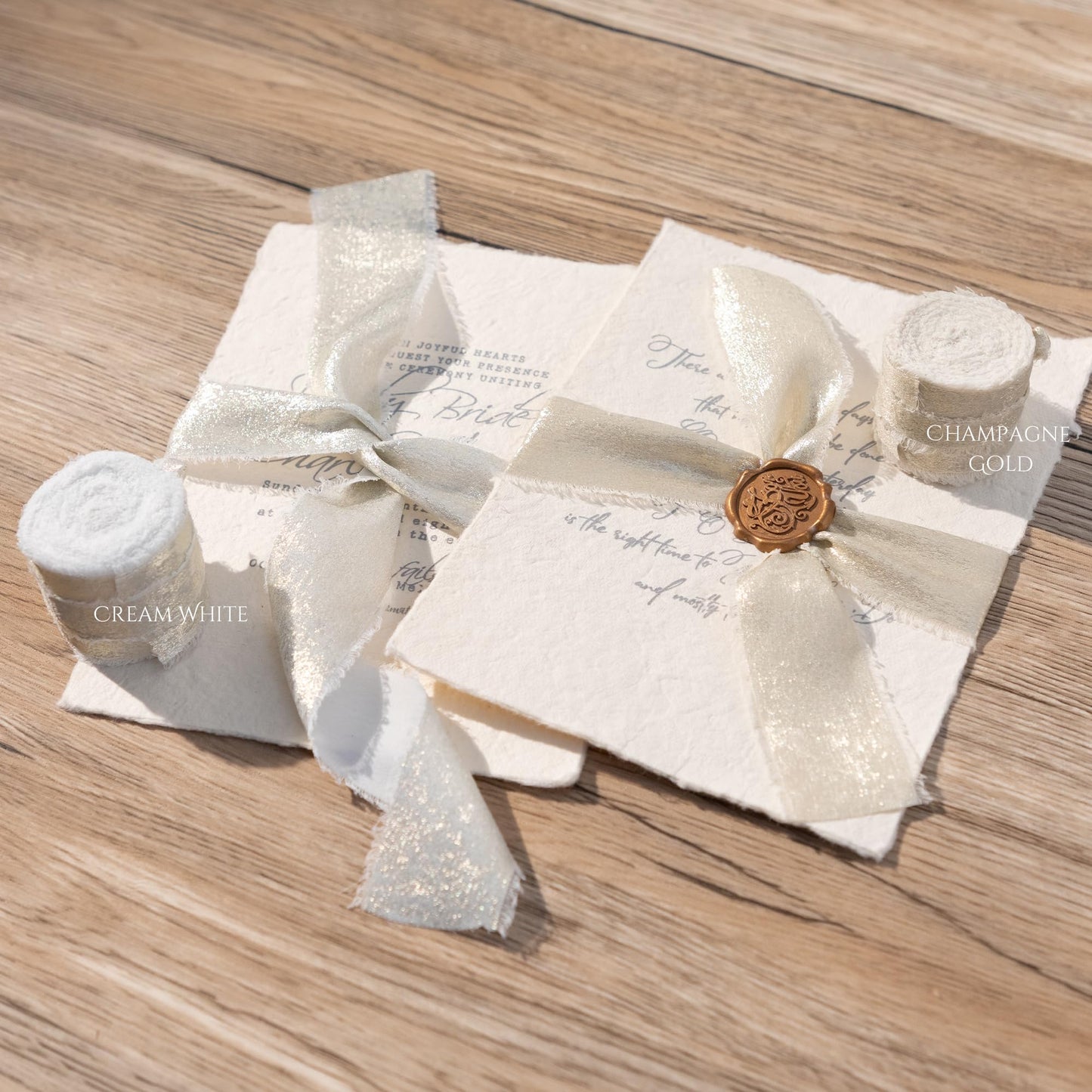Champagne Gold Ribbon, Shimmery Chiffon Silk Ribbons Frayed Edge for Bridal Flower Bouquet Gift Wrapping Wedding Invitations Decor DIY Crafts 1.5" x 15 Yard 3 Rolls