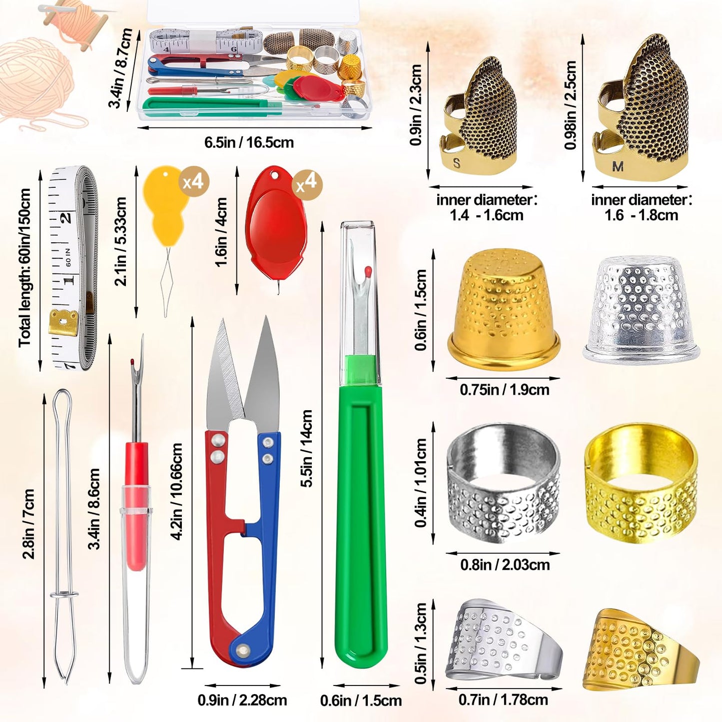 20 Pcs Sewing Thimble Kit,thimbles for Hand Sewing，Needle threaders，Seam Rippers for Sewing，Measuring Tape and Thread Snips, Hand Embroidery Craft（Complete Sewing Kit）