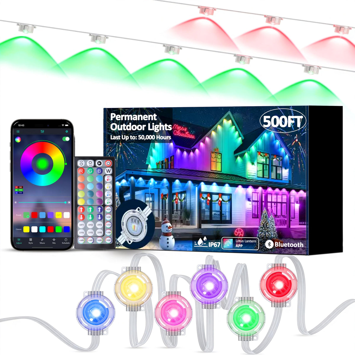 RGB Permanent Outdoor Lights, 500FT Smart LED Eaves Lights with APP & Remote Control, IP67 Waterproof Outdoor String Lights for Christmas, Halloween,Party, Garden, Patio, House Decor(2 Rolls of 250FT)