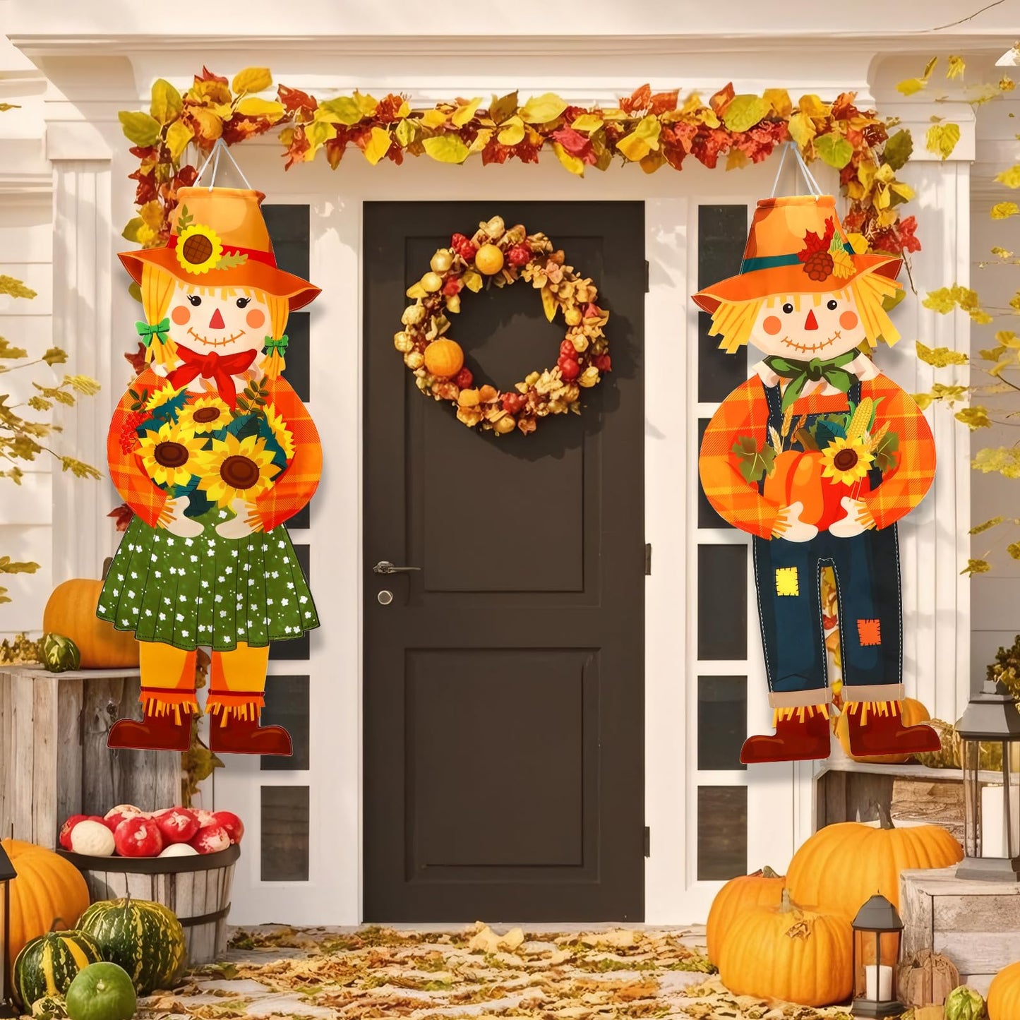 2 Pcs Fall Scarecrow Windsocks, Autumn Outdoor Hanging Flag Fall Scarecrow Hanging Sign Thanksgiving Outside Flag for Yard Lawn Patio Garden Party Decorations