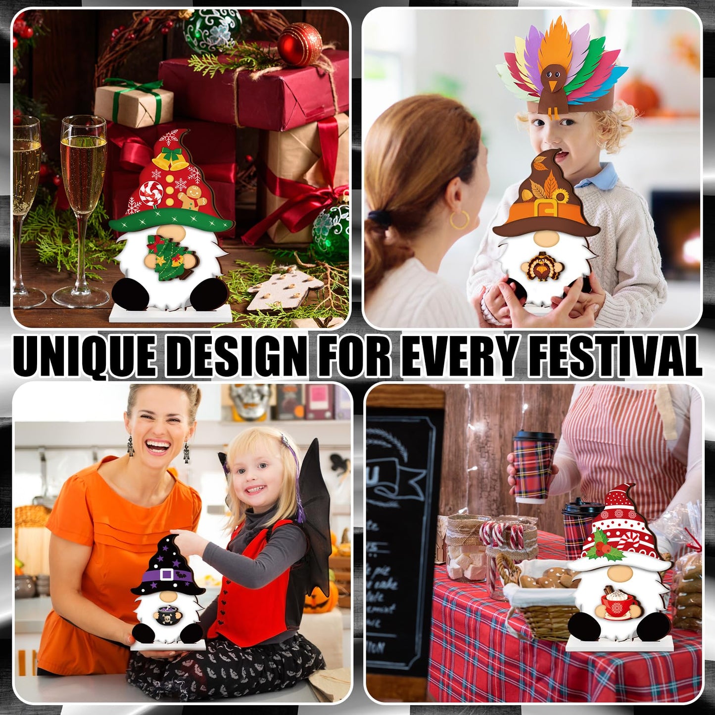 34 Pcs Christmas Interchangeable Wooden Gnome Decor DIY Holiday Christmas Seasonal Tiered Tray Decoration Gnomes with Magnet Pieces Welcome Sign for Xmas Holiday Decorations (Stylish)