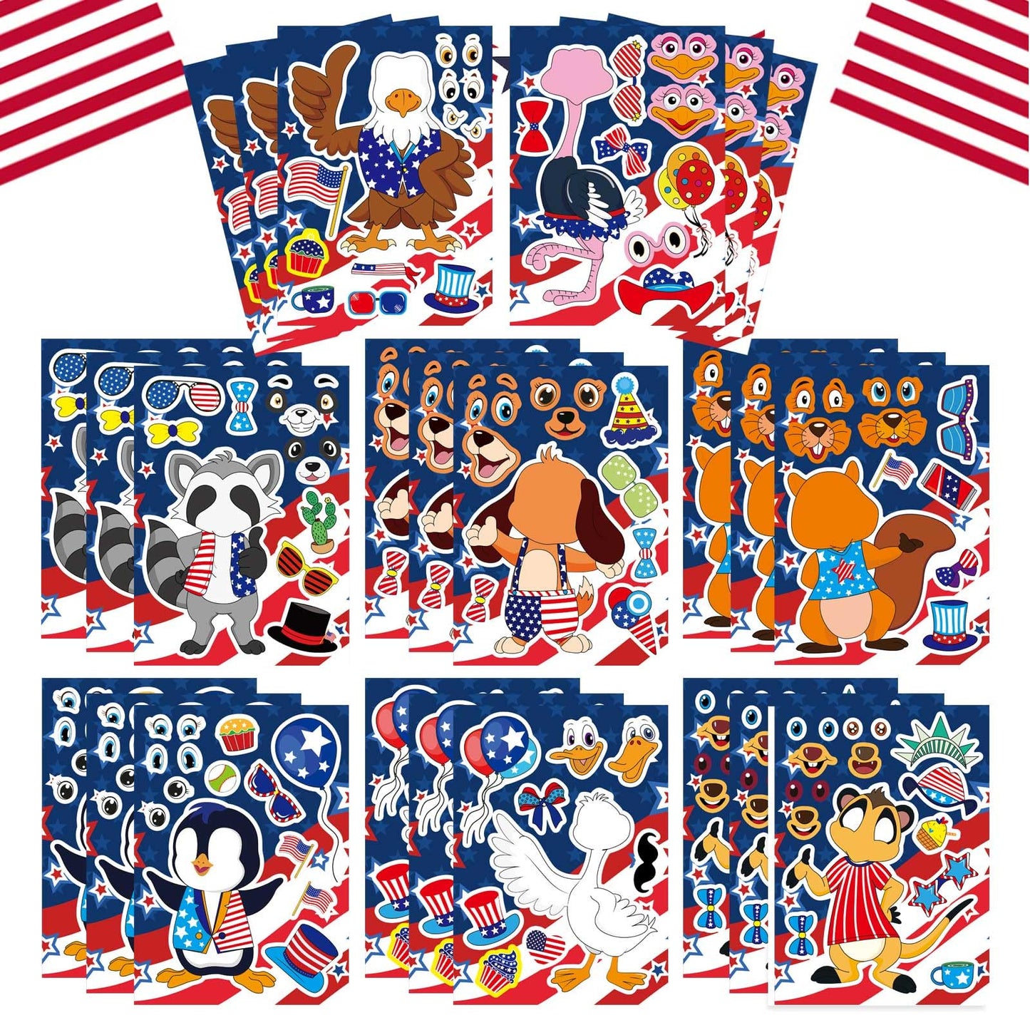 24PCS 4th of July Sticker for Kids, Make-a-face Stickers, Independence Day Patriotic Crafts Stickers, Make Your Own Animal Sticker with The Stars and The Stripes, USA Clasroom Decoration Memorial Day