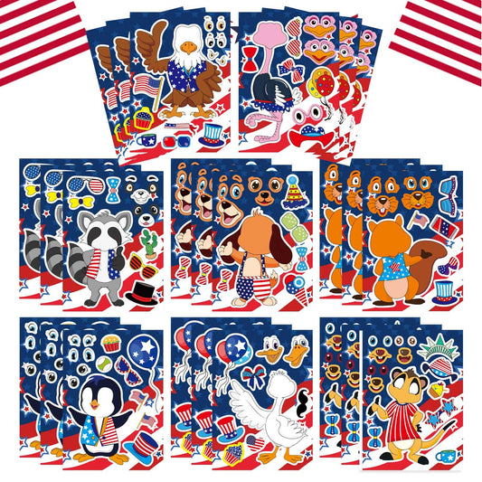 24PCS 4th of July Sticker for Kids, Make-a-face Stickers, Independence Day Patriotic Crafts Stickers, Make Your Own Animal Sticker with The Stars and The Stripes, USA Clasroom Decoration Memorial Day
