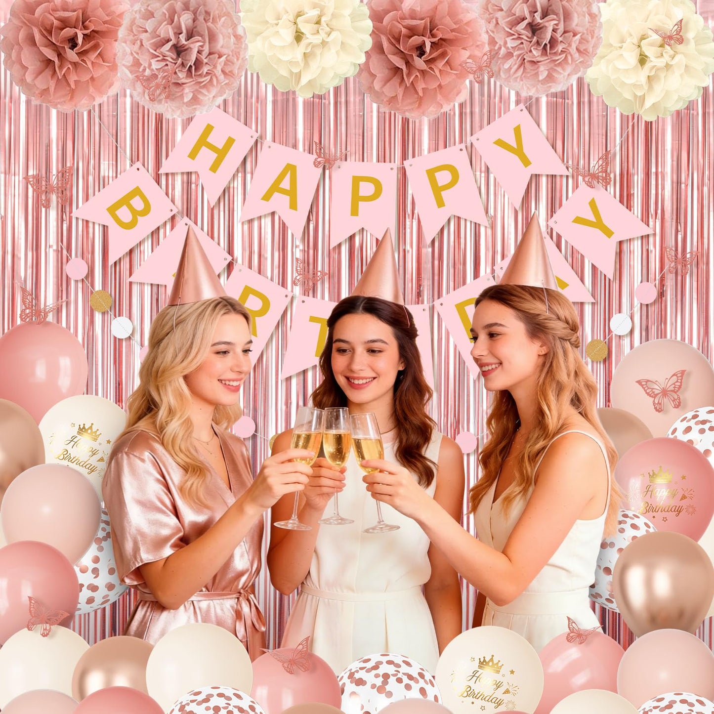 Pink Decorations for Women Girls, Dusty Pink Sand Rose Gold Metallic Printed Balloons Butterfly Stickers Fringe Curtain Happy Birthday Banner Circle Dots Garland Paper Pompoms Valentines Supplies