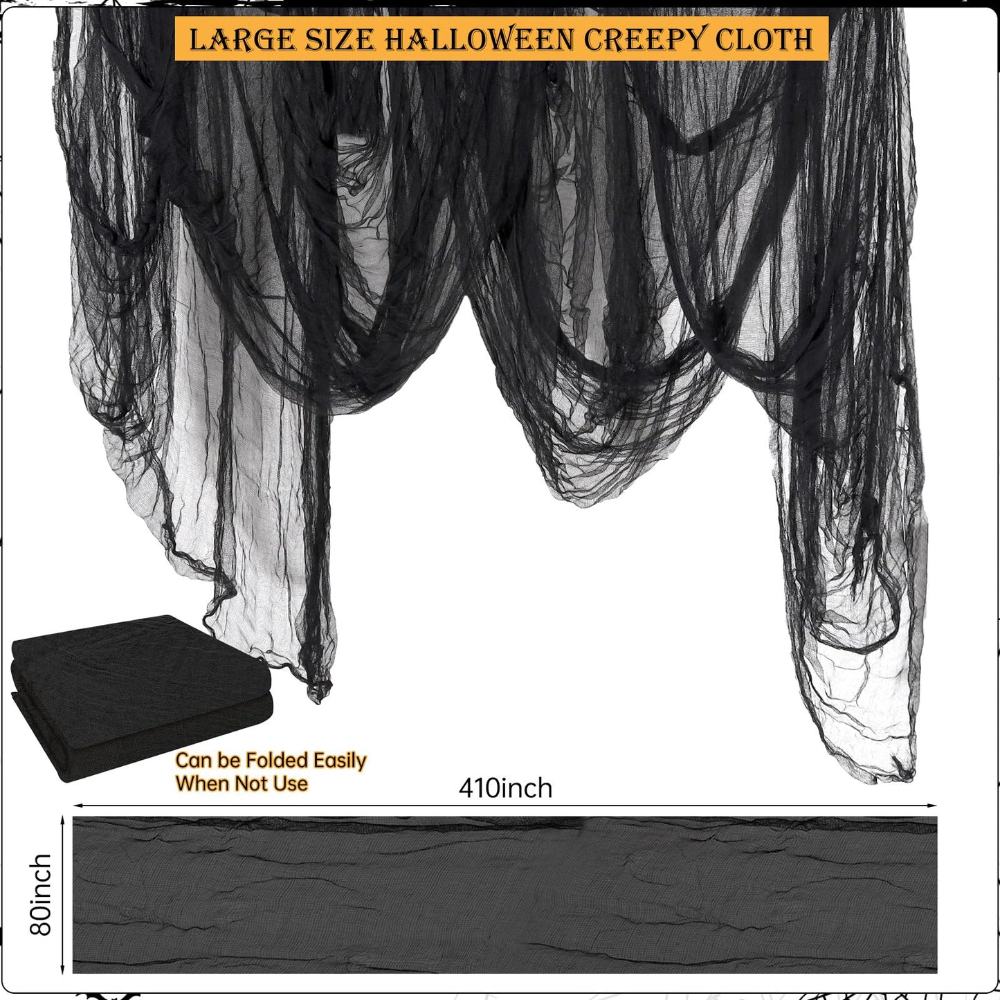 ZYP 410 x 80 Halloween Creepy Cloth Black Spooky Fabric Gauze Spooky Giant Cheese Cloth for Halloween Party Supplies Decorations