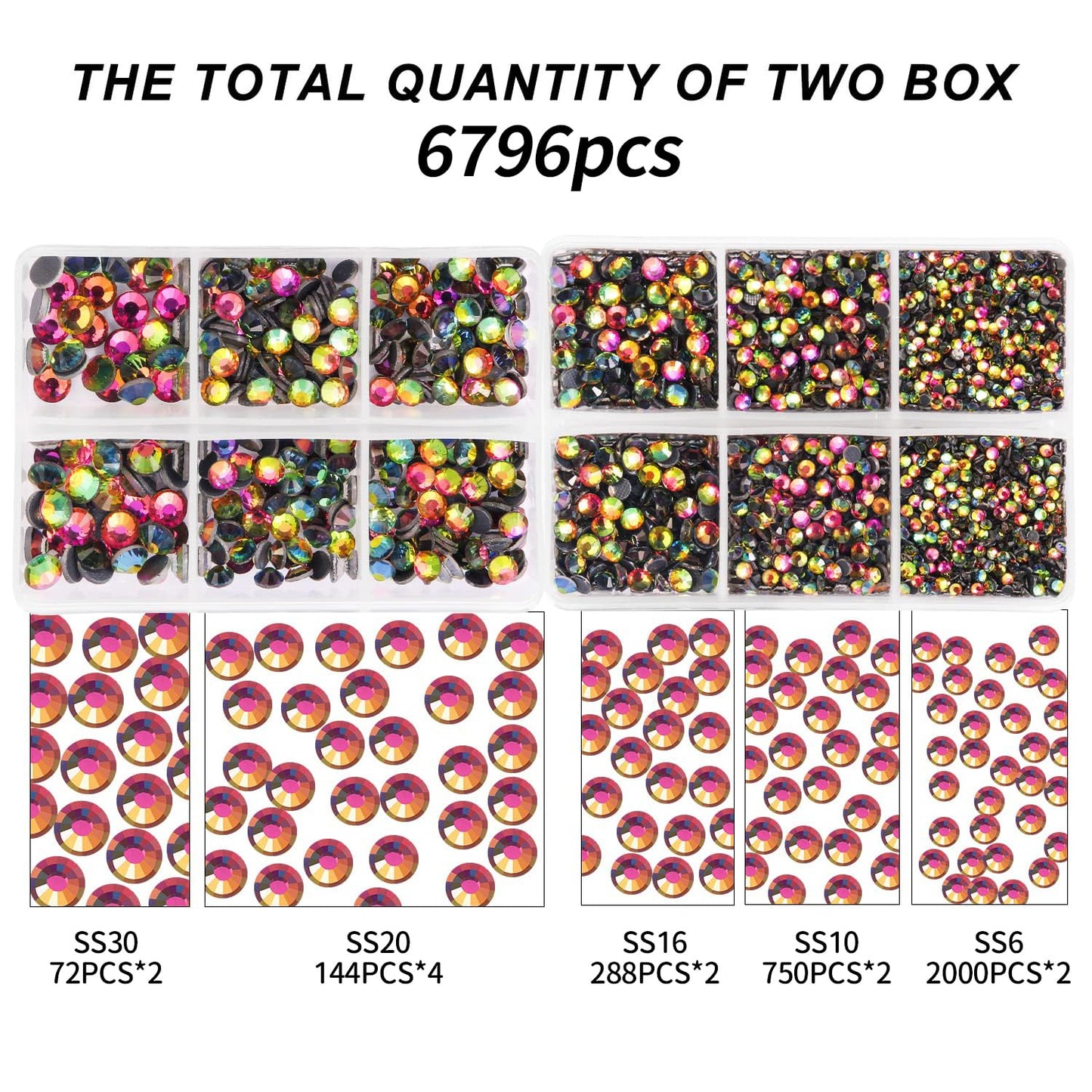 MEIBITE 6796PCS Rainbow Hotfix Rhinestones Crystal Stones Glass for Fabric Clothes Shirts Sparkly Flat Back Round with Tweezers and Picking Pen (SS6~SS30 Set)