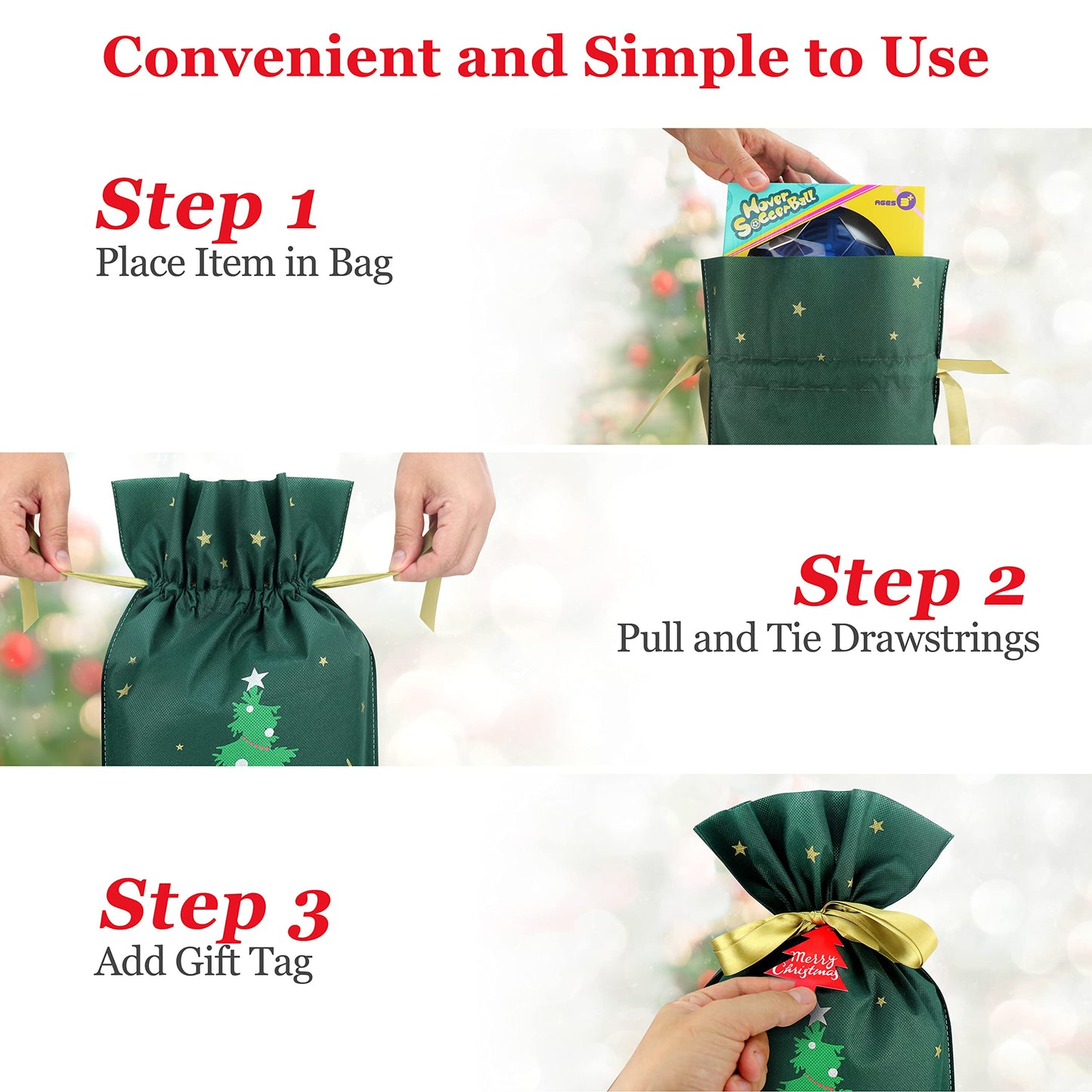 Fabric Gift Bags for Christmas Presents - 6 Pcs Christmas Gift Bags with Drawstring, Large Reusable Drawstring Bags for Gifts (Green Tree)