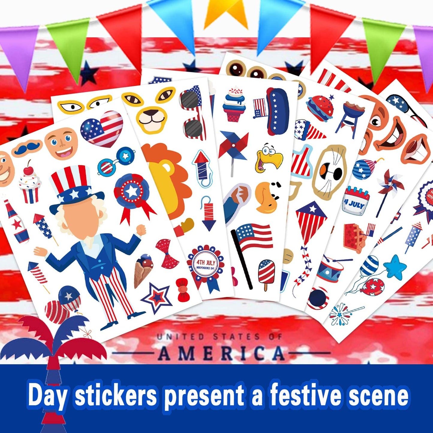 24 Sheets 4th of July Sticker, Make-a-face Sticker for Kids, Independence Day Make Your Own Stickers, Fourth of July American Birthday Patriotic Crafts Stickers, Veterans, Memorial Day