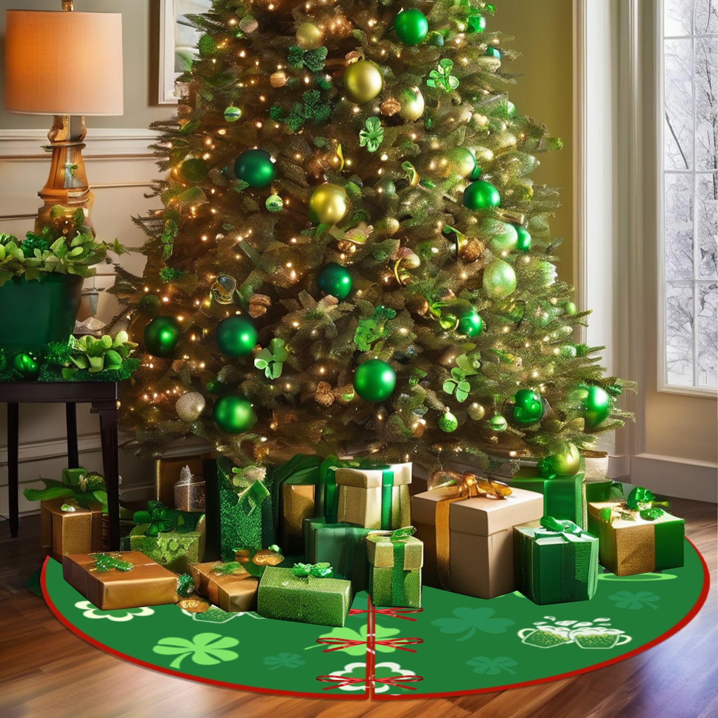 Sozize 36 Inch Valentine's Day Tree Skirt Love Heart Clover Double Sided Print Mat St. Patrick's Day Tree Skirt Christmas Tree Skirt for Holiday Party Decoration