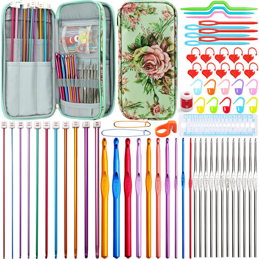 LOOEN 68pcs Crochet Hooks Set,Aluminum Tunisian Crochet Hooks Set Afghan Knitting Needles Kit with Case,11pcs 2mm/B-8mm/L Multicolor Hooks and Necessary Accessories,Gift for Mom (Green New)