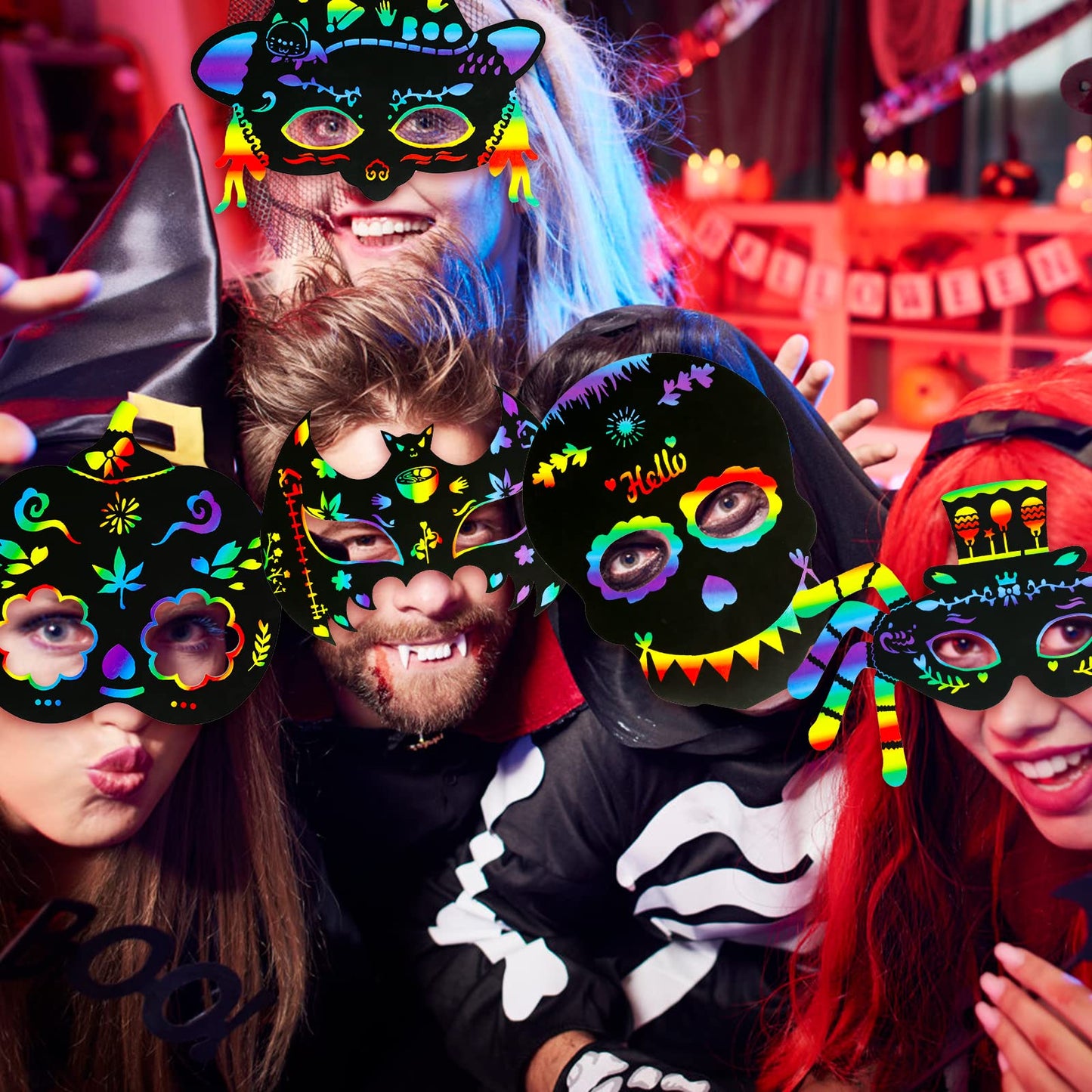 Halloween Crafts, 42PCS Halloween Rainbow Scratch Mask, Magic Scratch Paper Art for Kids Birthday Classroom Decoration for Halloween Party Favors Gifts Party Games Projects Kits