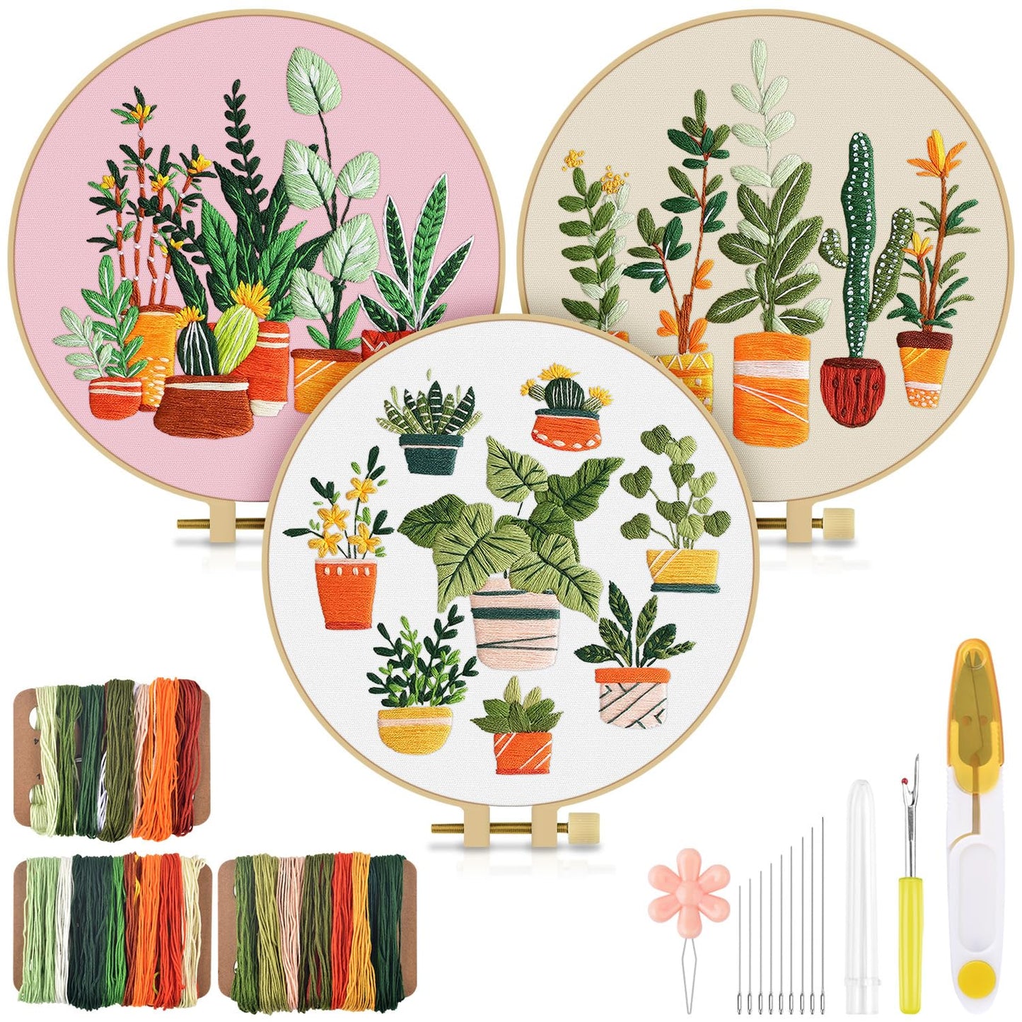 3 Pack Embroidery Kit for Adult, Embroidery DIY Starter Kit, with Stamped Patterns, Hoop, Tools, Colorful Threads with Needles, Instructions