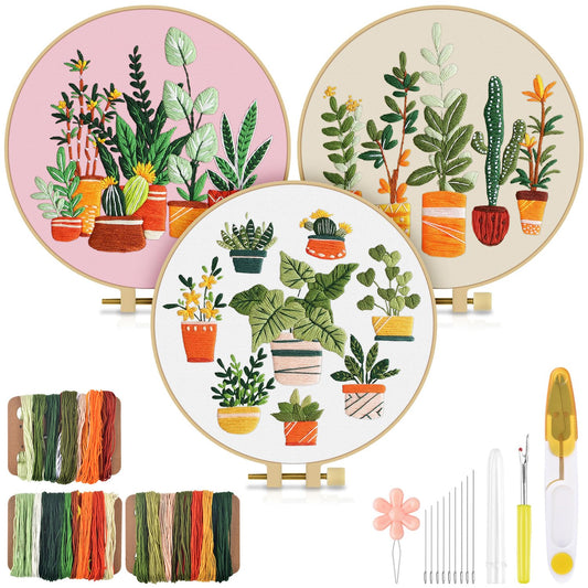 3 Pack Embroidery Kit for Adult, Embroidery DIY Starter Kit, with Stamped Patterns, Hoop, Tools, Colorful Threads with Needles, Instructions