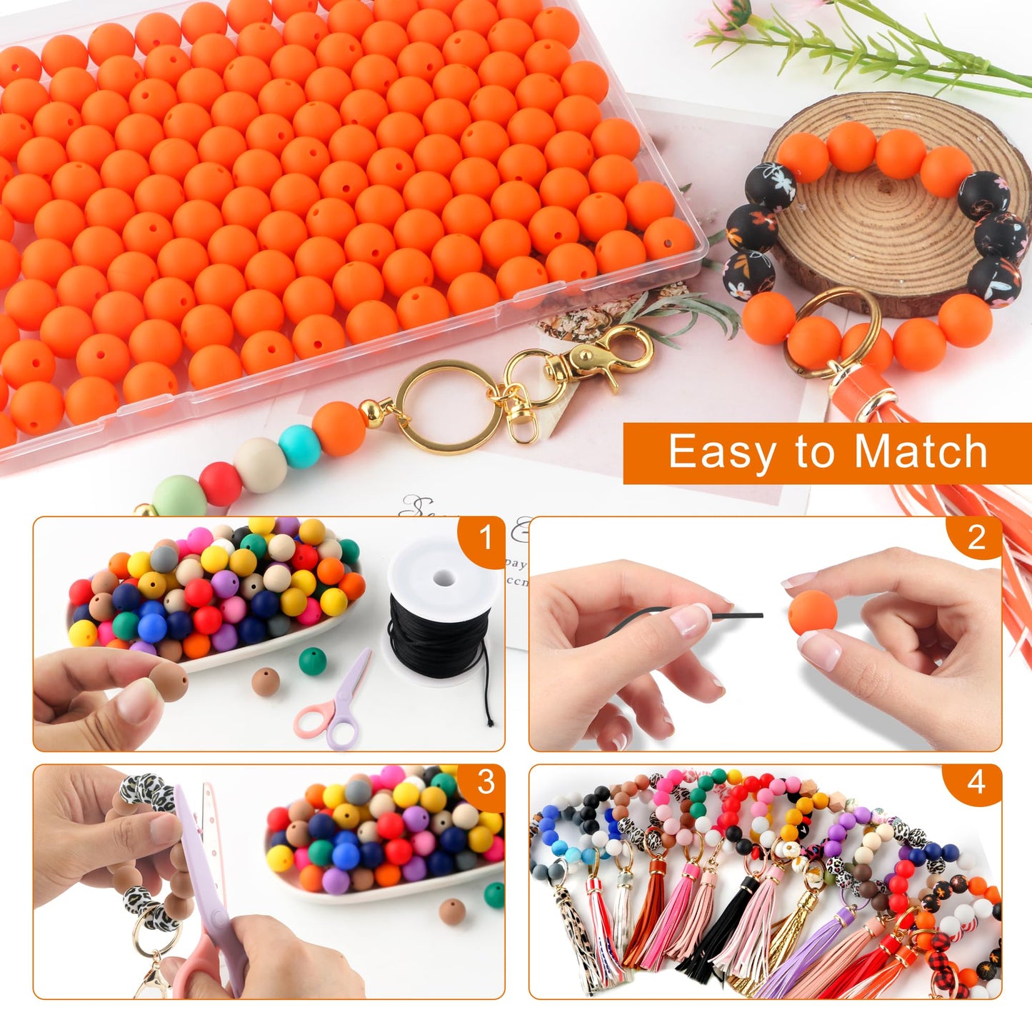 HHCFAST 150Pcs 15mm Silicone Beads, Silicone Beads for Keychain Making Bulk Silicone Beads for Bracelet Making Necklace Making and Round Silicone Beads for Pens(Orange)