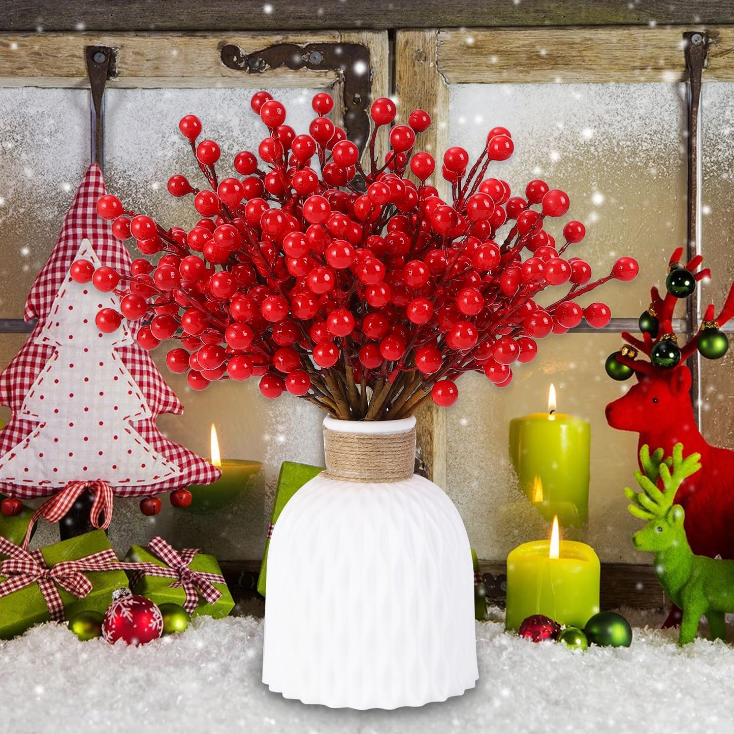 Vellibring 32 Pack Artificial Red Berry Stems, Christmas Red Berries Picks Holly Berry Branches for Christmas Tree Ornaments Xmas Wreath DIY Crafts Winter Holiday Home Decoration