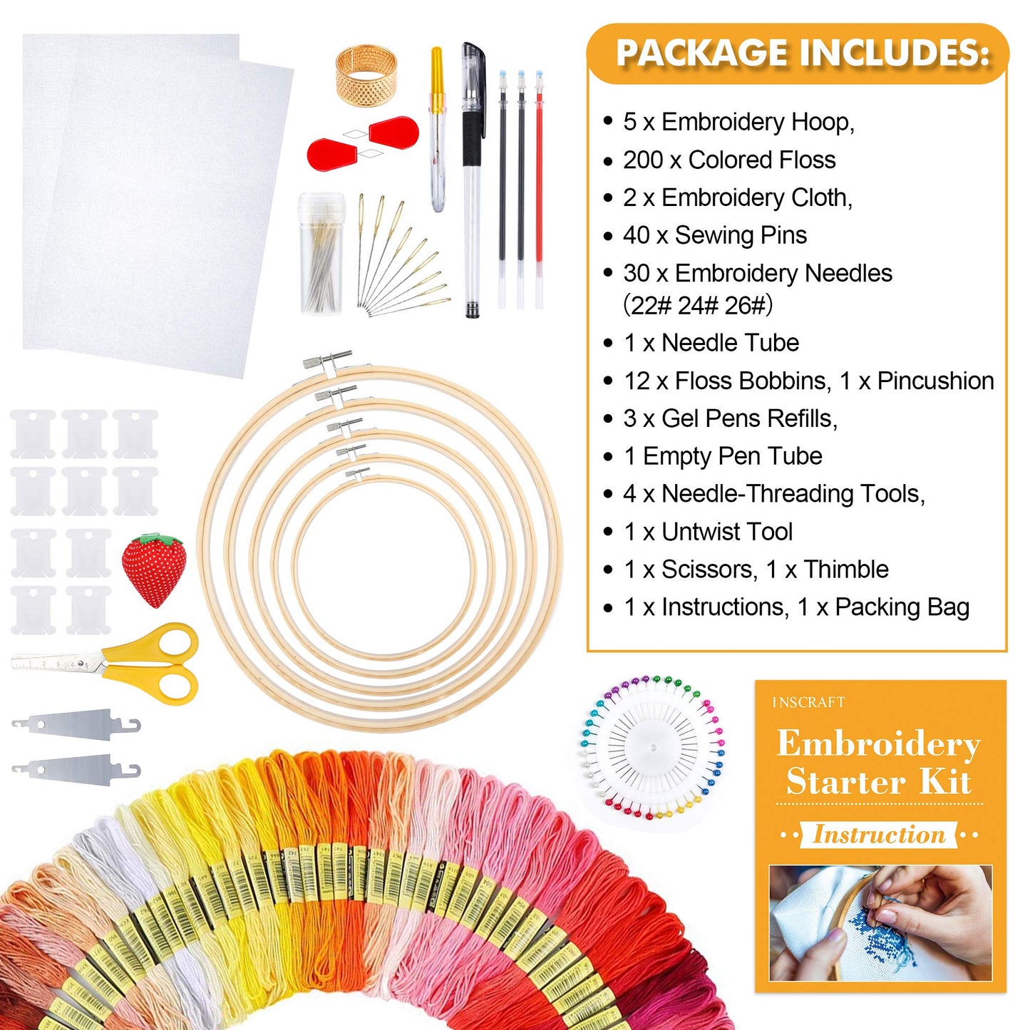 INSCRAFT 304 Pack Embroidery Kit, 200 Colors Threads, 5 Pcs Bamboo Embroidery Hoops, 2 Pcs Aida Cloth, Instructions, Bag and Cross Stitch Tools Set, Hand Embroidery Starter Kit for Beginners Adults