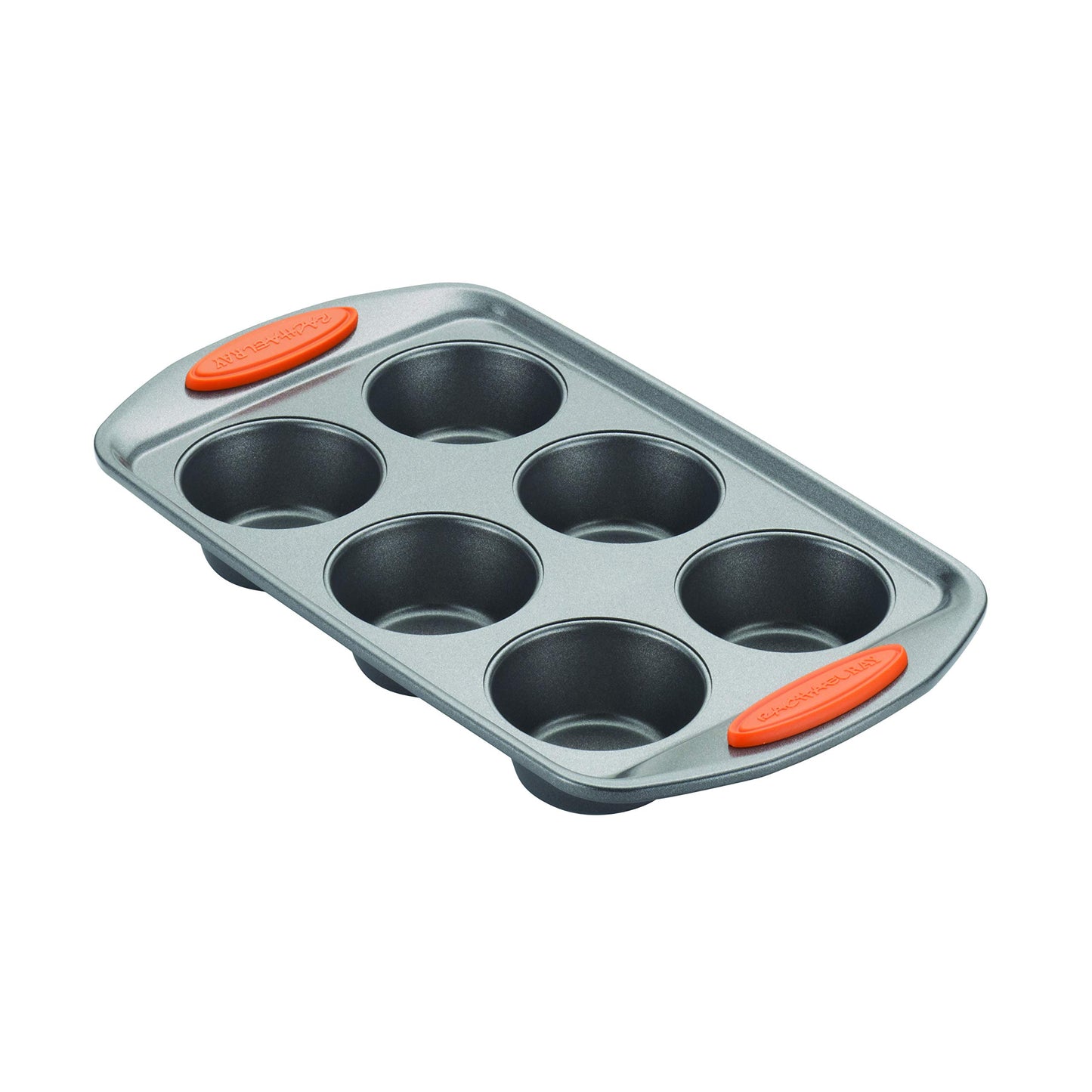 Rachael Ray Yum-o! Nonstick Bakeware Oven Lovin’ Cups Muffin Pan, 6-Cup, Gray with Orange Handles