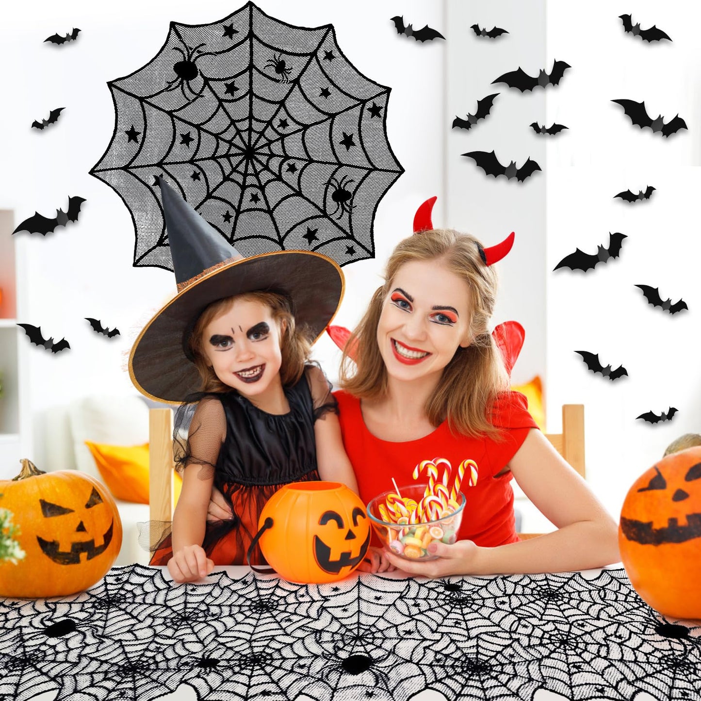 5Pack Halloween Decorations Indoor Halloween Spider Web Tablecloth Table Runners Fireplace Mantel Scarf Cobweb Lampshade Scary 3D Bats for Halloween Spooky Home Decor