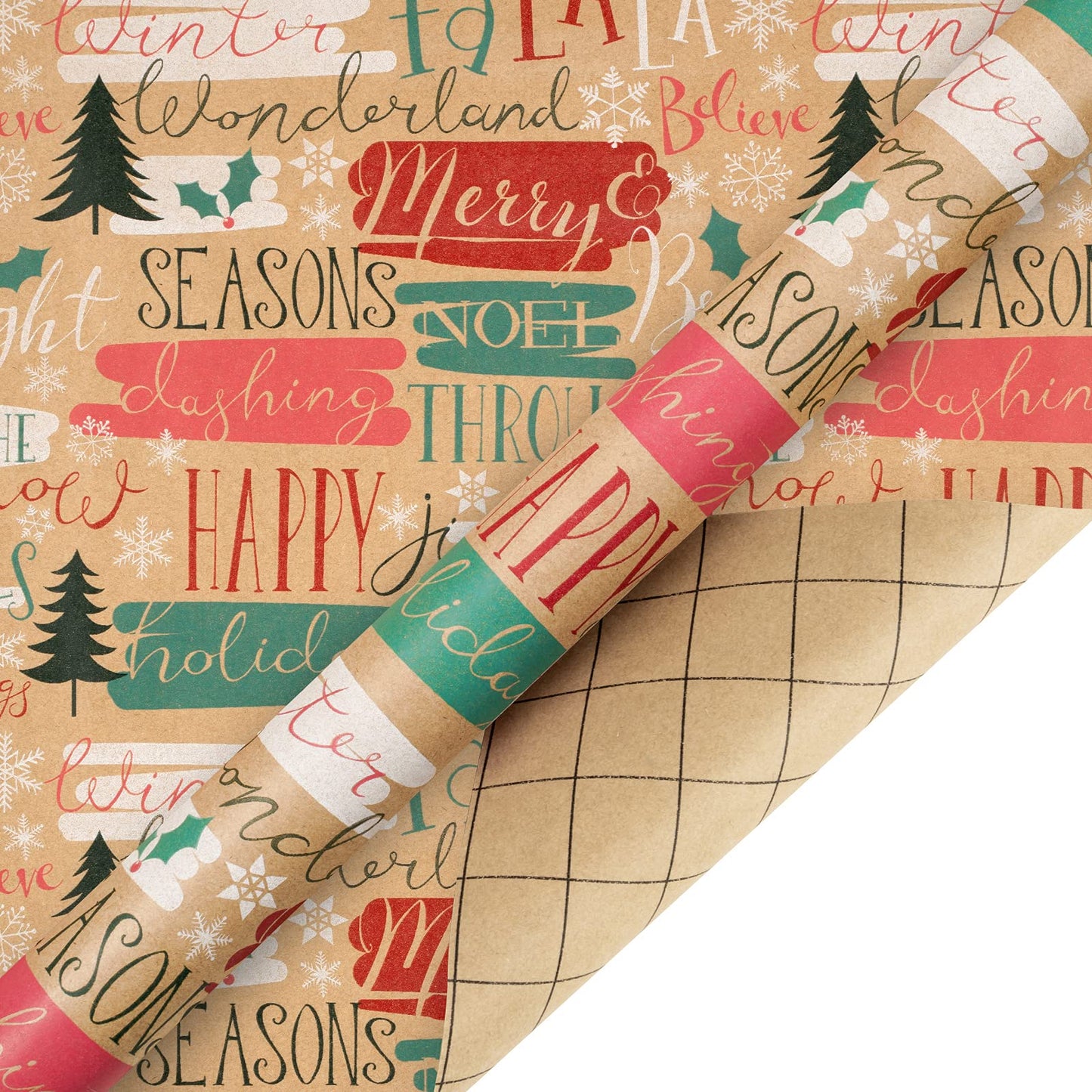 Christmas Wrapping Paper, Kraft Paper - Christmas Tree, Snowflake and Seasonal Brocade Style Designs - 4 Rolls - 30 inches x 10 feet per Roll
