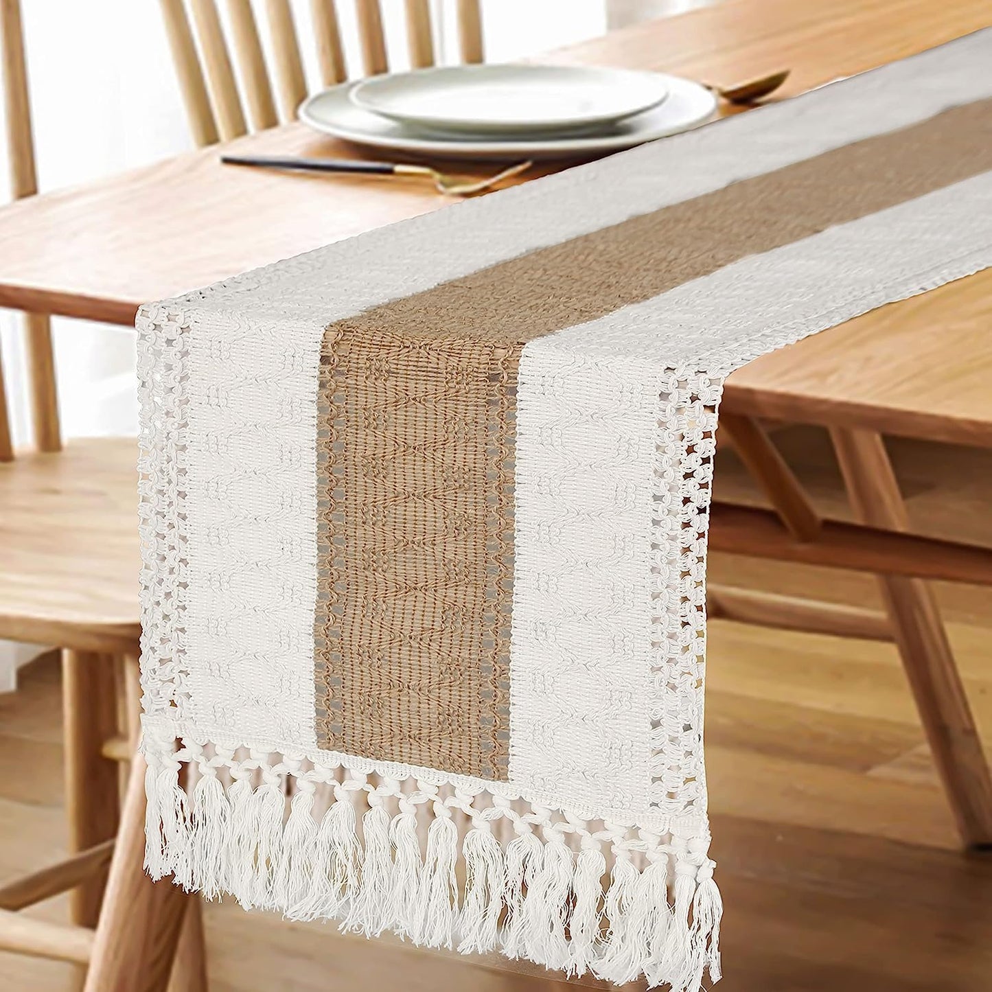 FEXIA Boho Table Runner for Home Decor with Tassels 72 Inches Long Farmhouse Rustic Table Runner Cream & Brown Macrame Burlap Fall Table Decoration for Living Room Bridal Shower (12x72 Inches)