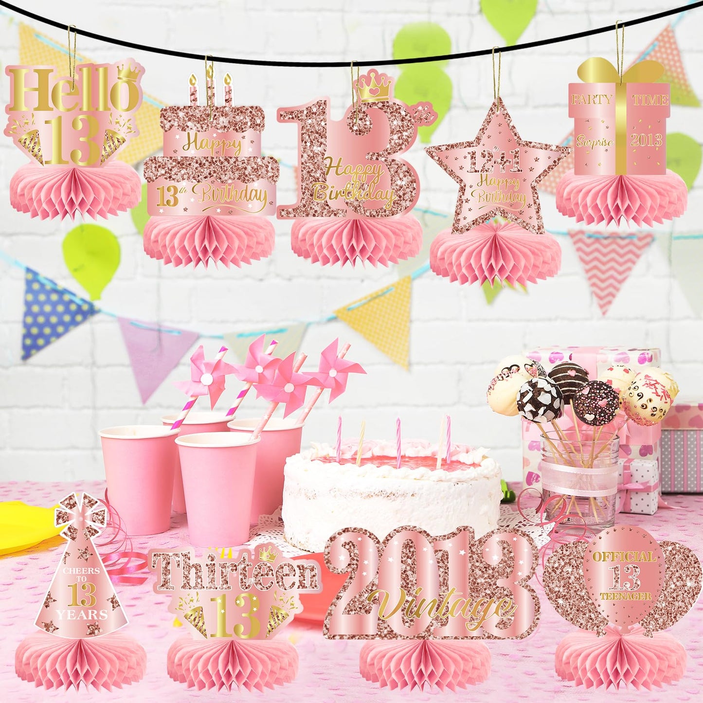 9Pcs 13th Birthday Decorations Rose Gold 13th Birthday Party Decorations for Girls,Pink Happy 13 Years Honeycomb Centerpieces Table Sign Decor Supplies