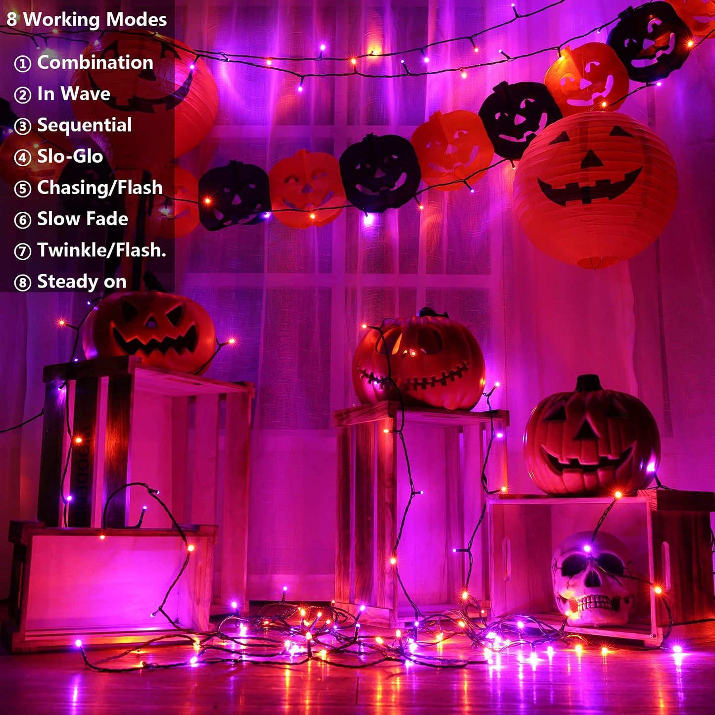 2 Pack Orange Purple Halloween Solar String Lights Total 144 FT 400 LED 8 Modes Waterproof Solar Halloween Lights Outdoor for Halloween Decorations