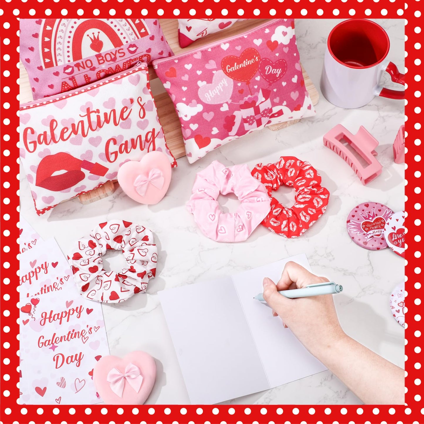 48 Pcs Galentine's Day Gifts Set Include Hairpin, Hair Scrunchies, Mug, Makeup Bags, Cards, Makeup Puff, Clear Gift Bag, Mirrors for Women Galentines Day Party Favors Bestie Valentine Friend