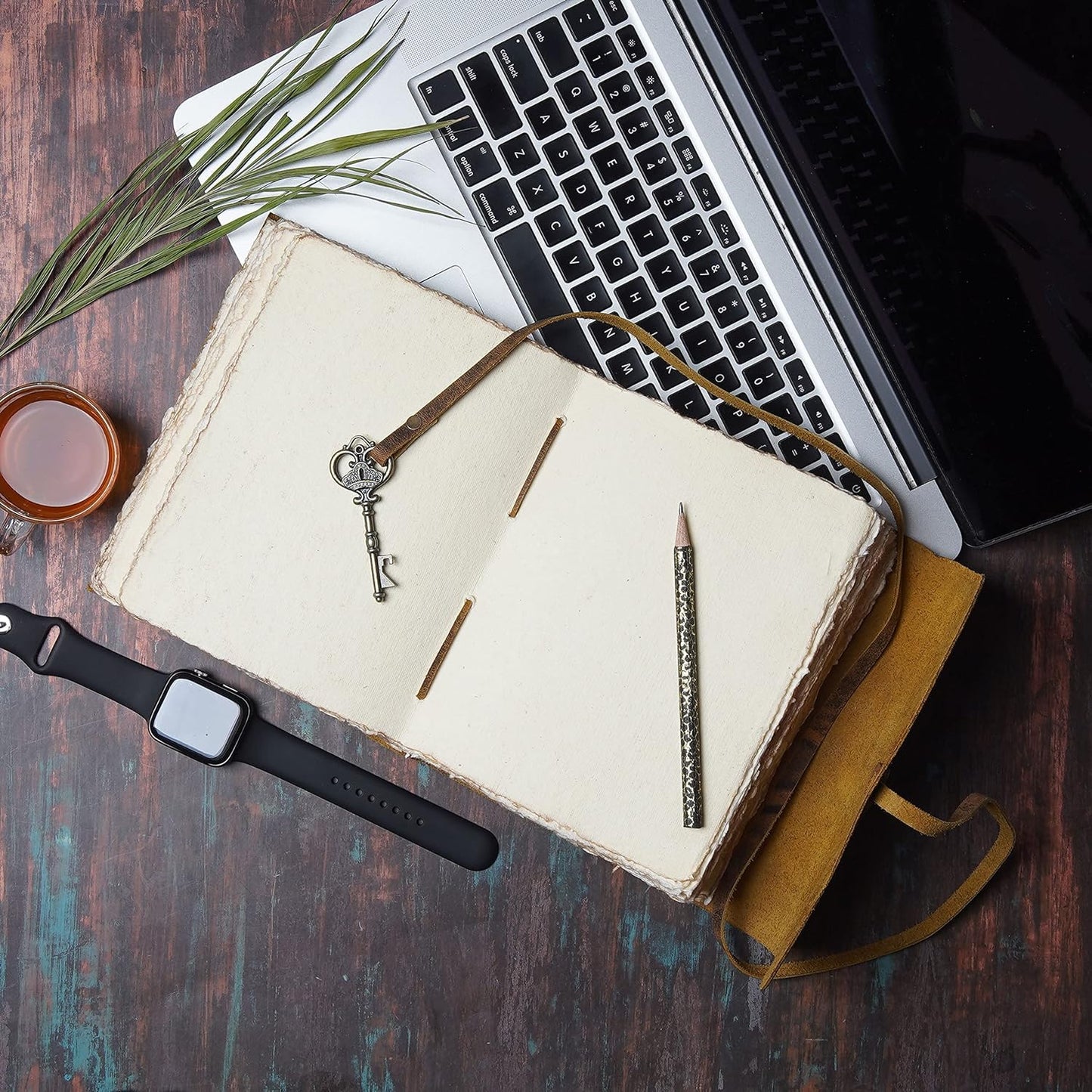 LEATHER VILLAGE Vintage Leather Journal – 200 Handmade Vintage Deckle Edge Paper – Leather bound Journal For Women Men – Vintage Key Closure - Book of Shadows - Blue - 6X4 inches (A6)