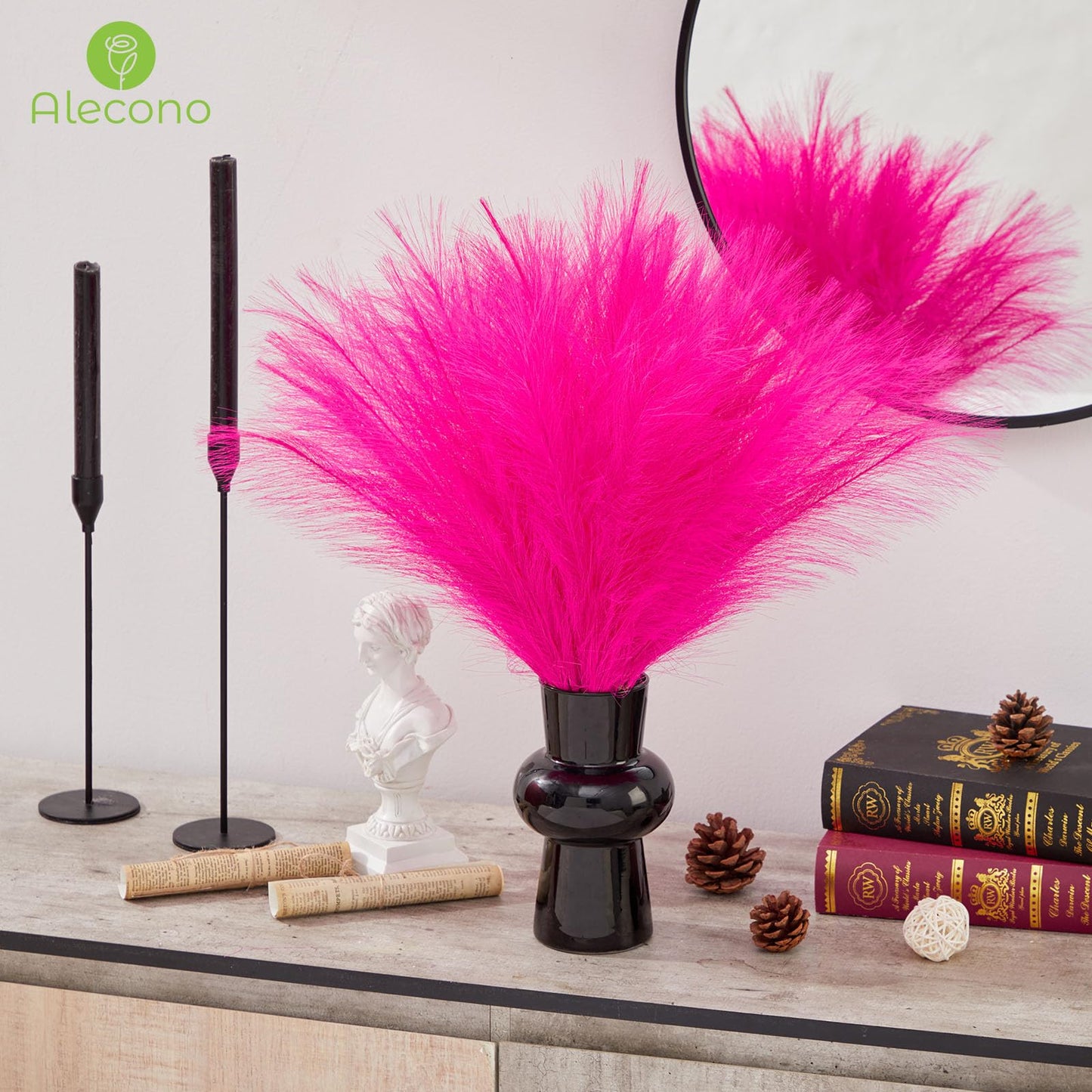 Alecono Hot Pink Pampas Grass 17in 𝟯𝟬𝙋𝙘𝙨, Artificial Faux Fluffy Pampas Grass Decor for Home Wedding Centerpieces Party