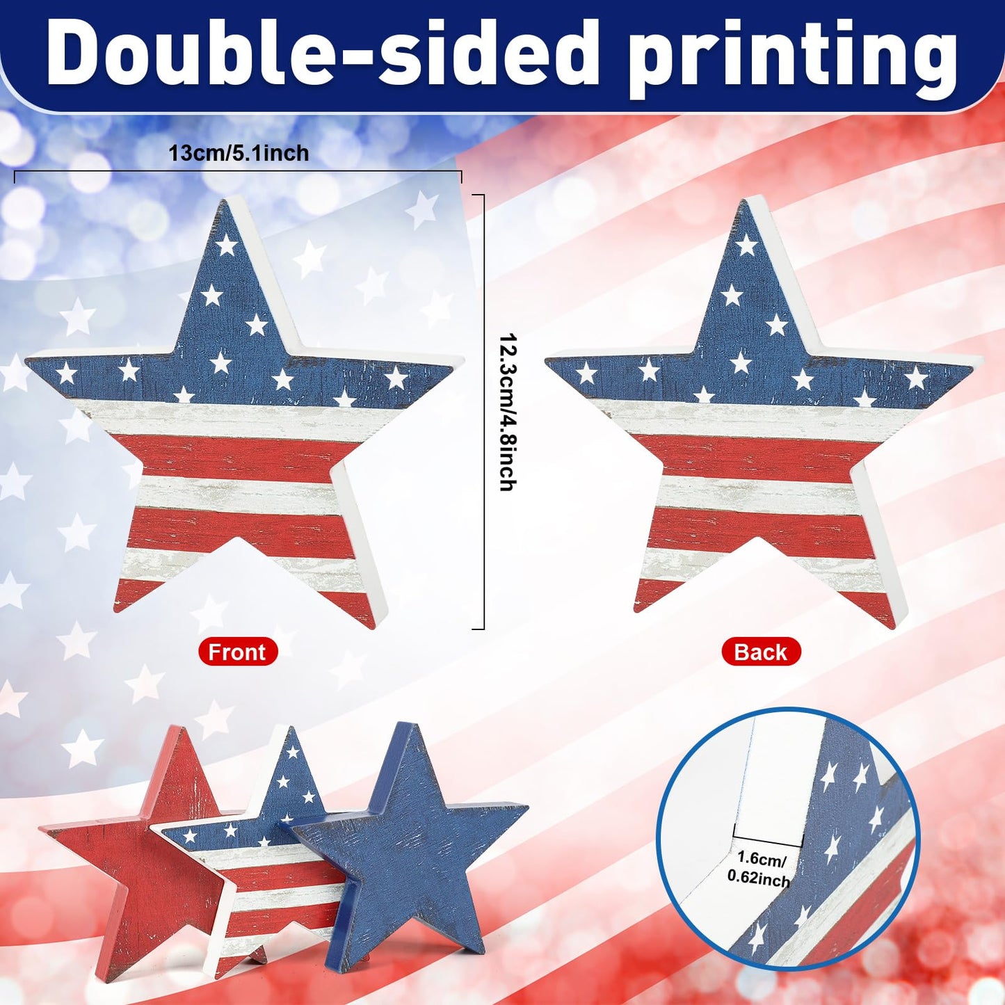 3 Pcs 4th of July Wooden Star Signs,Rustic Memorial Day Tiered Tray Decor, American Patriotic Table Decoration for Home Kitchen (Retro)