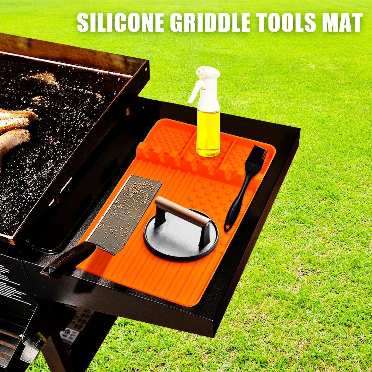 2 PCS Silicone Grill Mat Compatible with Blackstone, BBQ Griddle Tools Mat with Drip Pad, Spatula Mat for Outdoor Kitchen Counter, Gifts for Men (orange-2)