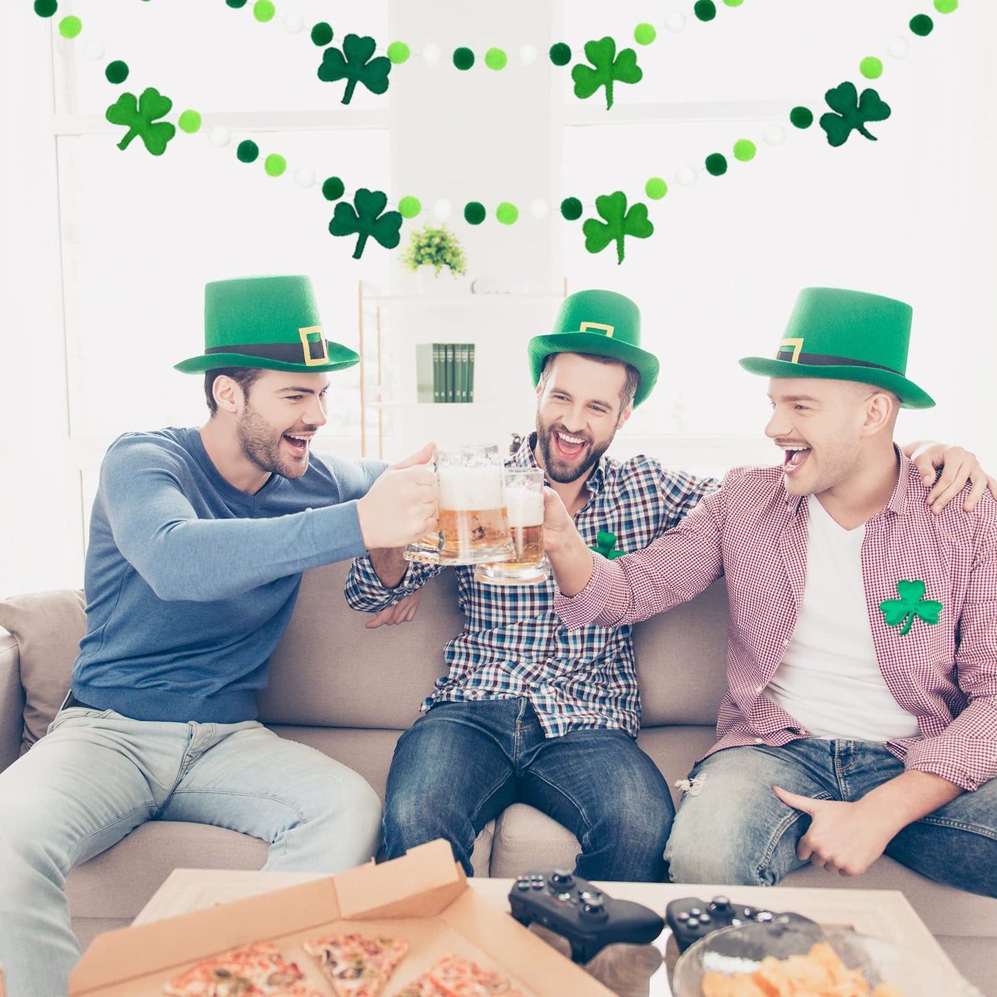 Whaline 8.2Ft St. Patrick's Day Felt Pom Pom Banner Lucky Shamrock Garland Green White Pom Ball Clover Decorative Irish Hanging Bunting Garland for St. Patrick's Day Home Mantel Wall Decor