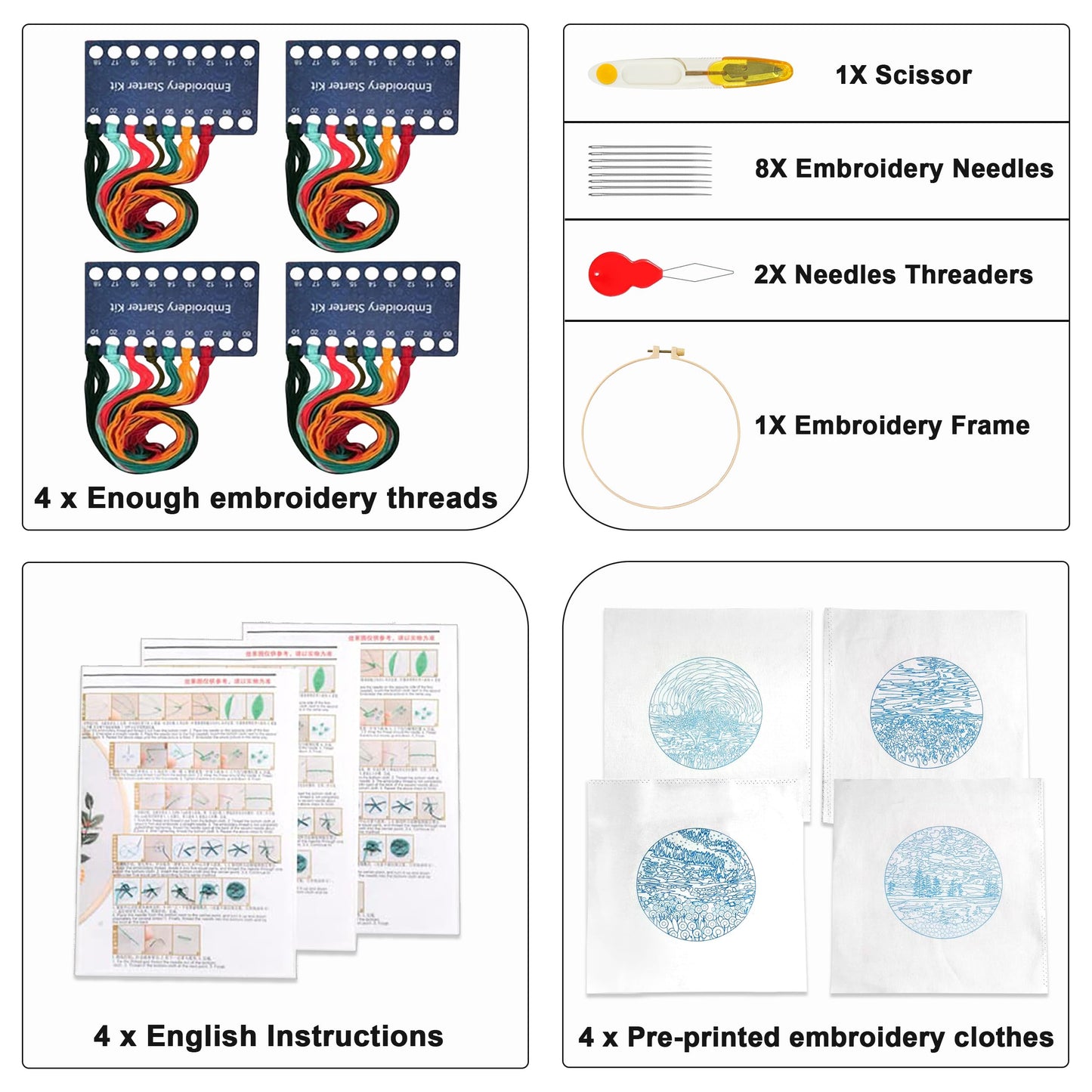 Maydear 4 Sets Embroidery kit,Embroidery Kit for Beginners Adults Punch Needle Kit Cross Stitch Kits with Embroidery Hoop and Instructions,Hand Embroidery Starter Kit (Flower)