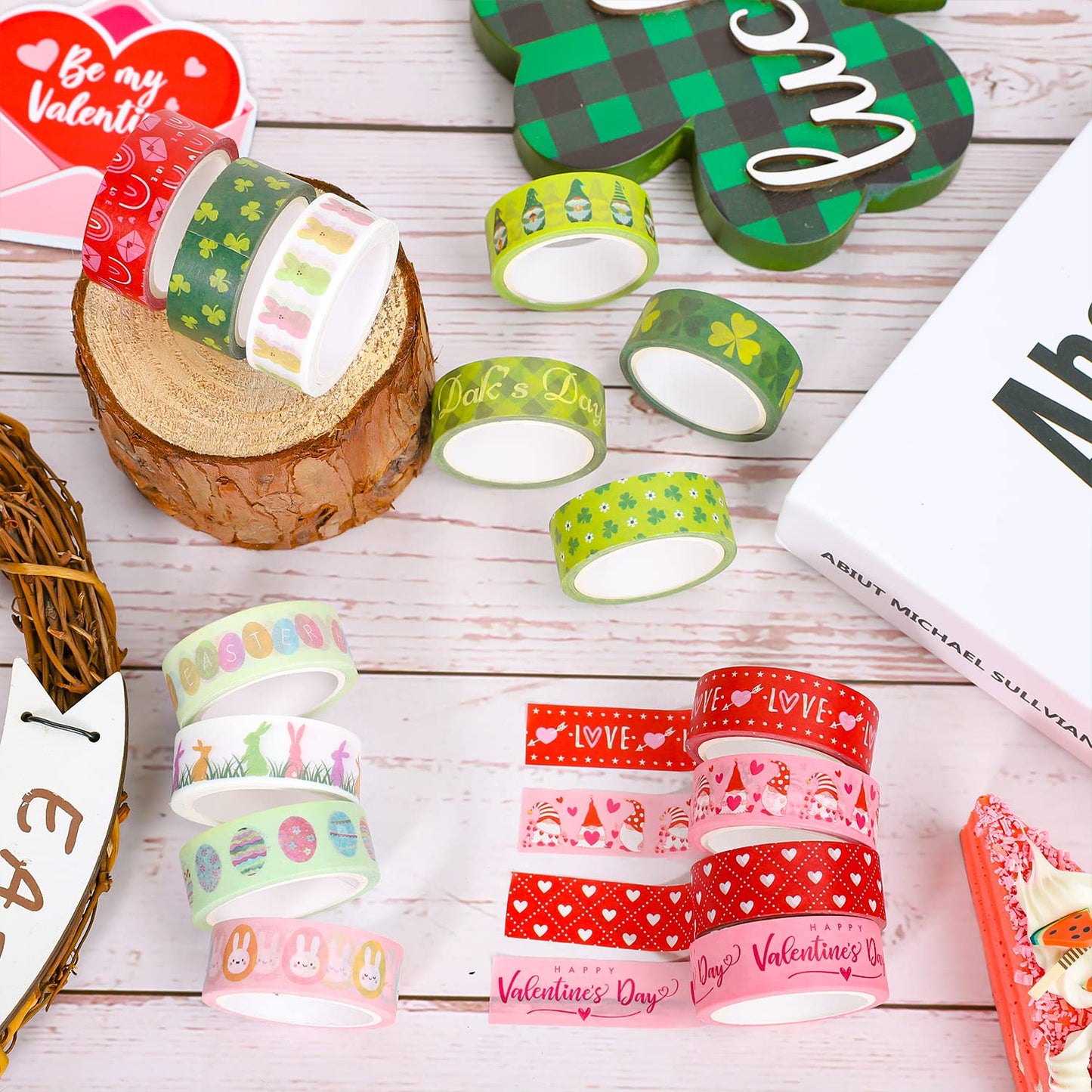 24 Rolls Holiday Washi Tape Set Valentine's Day Red Love Heart Masking Tape St. Patrick's Day Green Clover Happy Easter Decorative Paper Tape Stickers for Scrapbook DIY Craft, 16.4Ft