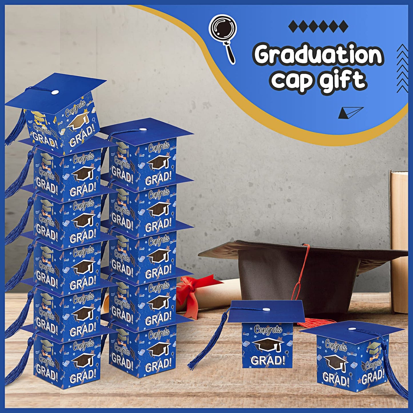 Pajean 30 Pcs Graduation Cap Candy Gift Box Grad Hat Gift Box Treat Boxes with Tassels Graduation Party Favors for Guests Class of 2026 Decorations(Blue)