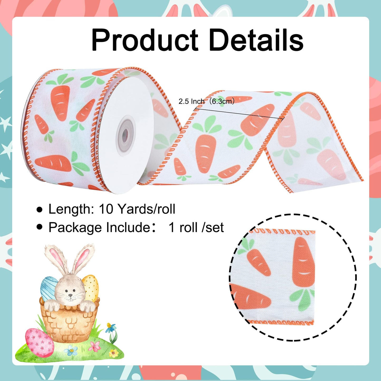 2-1/2 Inch x 10 Yards Easter Wired Burlap Ribbon with Carrots Pattern for Handmade Crafts, Wreaths and Gift Wrapping, Basket Decor, Bows Making, Easter Day Decor, Indoor and Outdoor Decoration