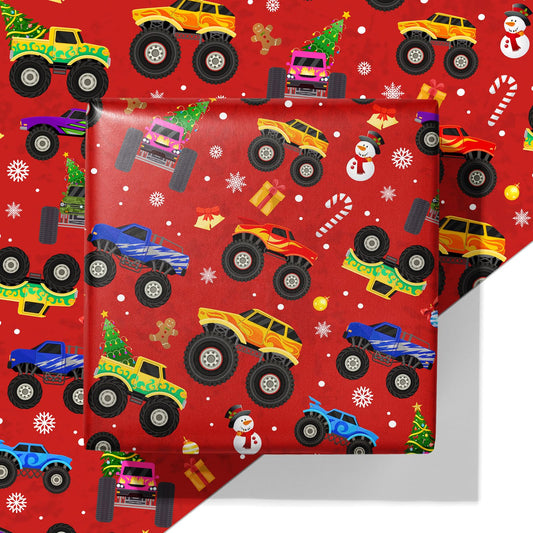 Cuitpan Red Monster Truck Christmas Wrapping Paper - Xmas Gift Wrap with Holiday Trees, Snowmen & Gingerbread Men Design - Ideal for Kids & Adults Gift Wrapping - 40×28 Inches, 4 Folded Sheets