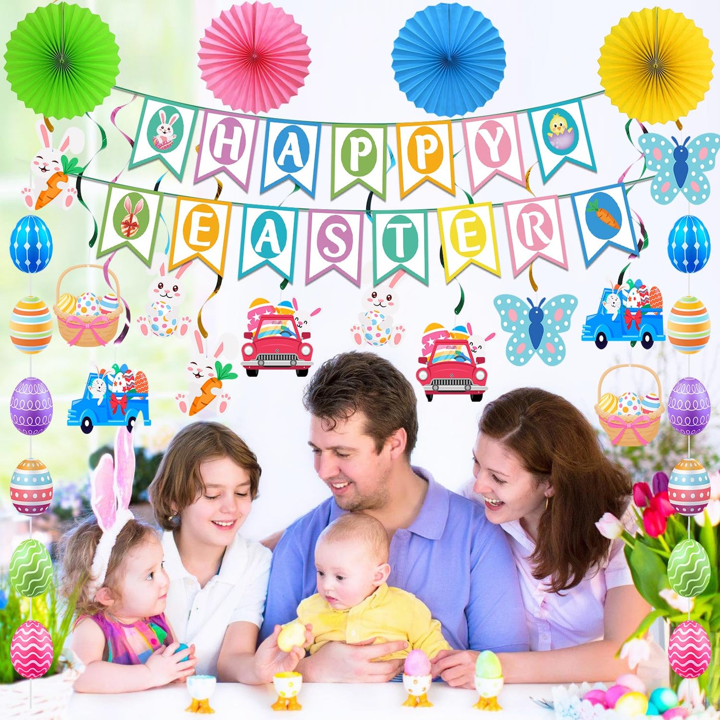 Easter Decorations Easter Decor Happy Easter Banner Egg Bunny Garland Hanging Swirl for Home Office School Classroom Themed Party Decorations