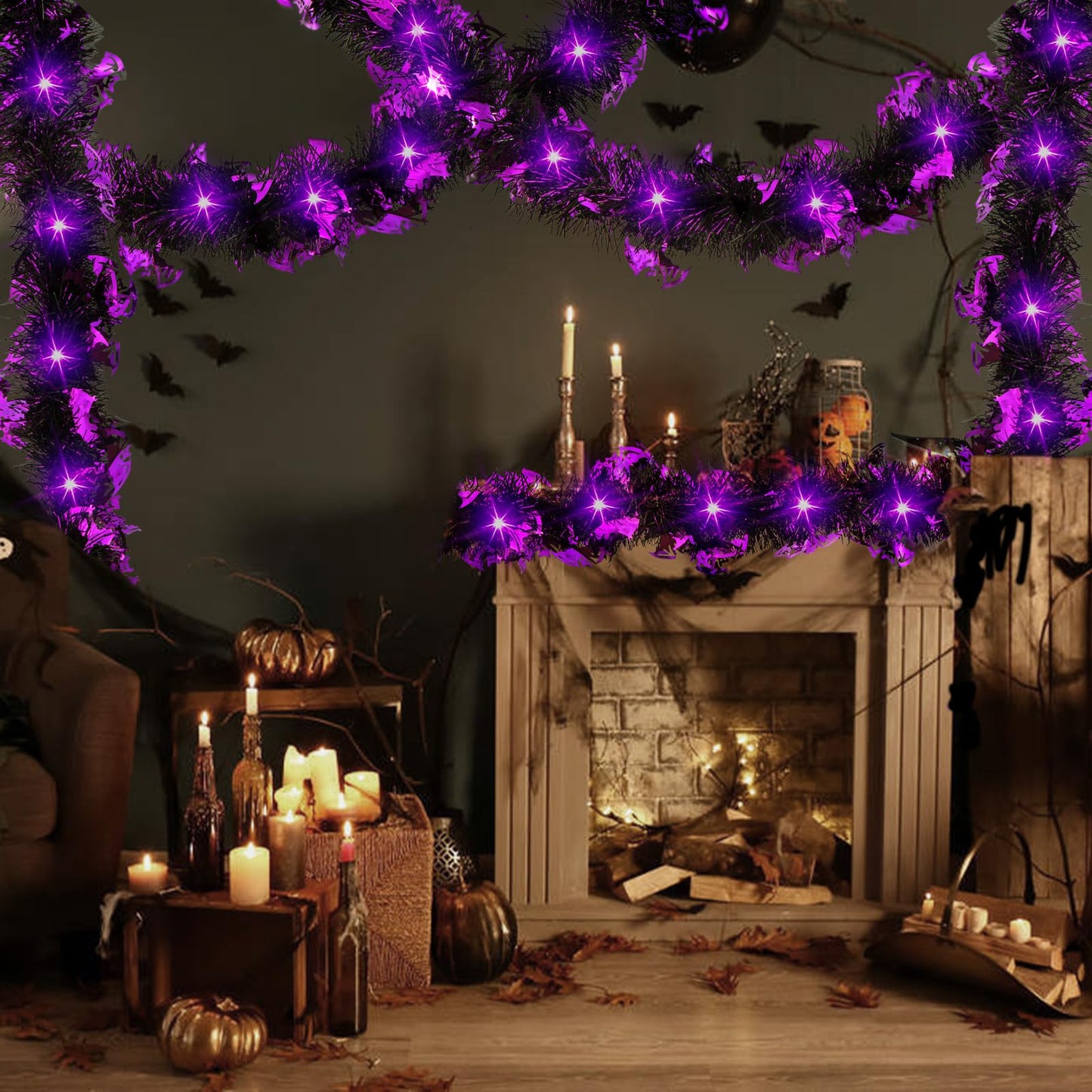 20FT/6M Halloween Tinsel Garland with LED Lights Metallic Twist Tinsel Garland Battery Operted Lighted Foil Hanging Decoration for Halloween Party Decoration Supply