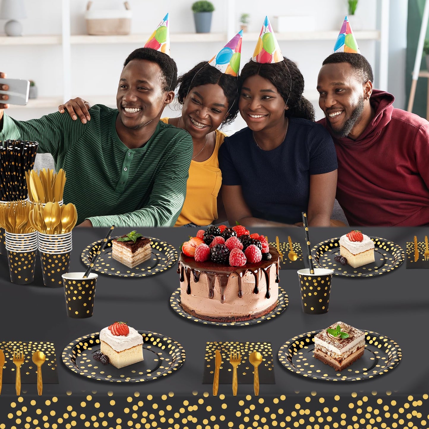 Nkaiso Paper Plates and Napkins Set, 193 Pieces Black Gold Party Supplies Includes Paper Plates Cups Napkins Straws and Cutlery for Birthday Wedding Holidays Parties Decorations-24 Guests