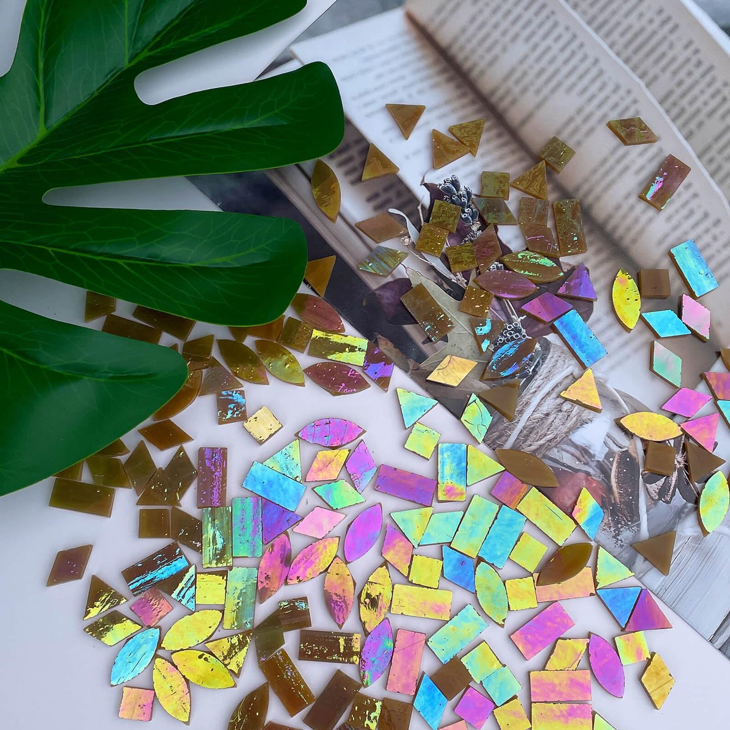 LITMIND Brown Iridescent Stained Glass Mosaic Tiles for Crafts - 240 Pieces, 5 Shapes Mixed (Rectangle, Triangle, Rhombus, Square, Leaf) - Ideal for Mosaic Making Projects