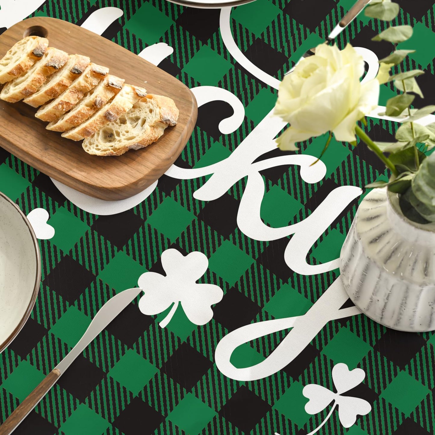St. Patrick's Day Rectangular Tablecloth 60×84 Inch, Buffalo Plaid Shamrock Lucky Washable Table Cover for Party Picnic Dinner Decor