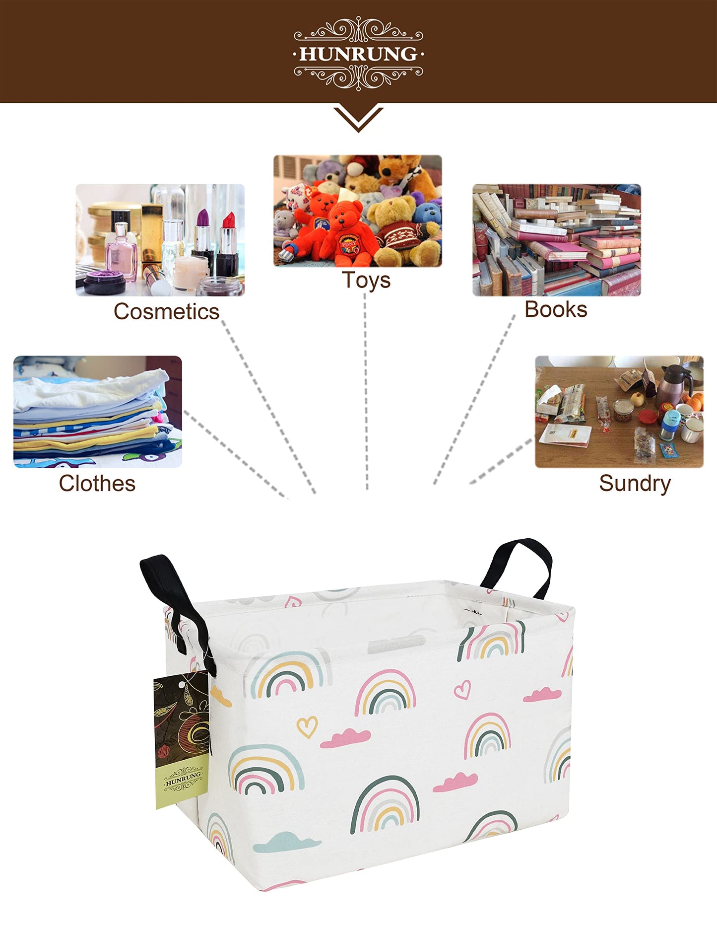 Rectangle Storage Basket Cute Canvas Organizer Bin for Pet/Children Toys, Books, Clothes Perfect for Rooms/Playroom(Rec-Rainbow)