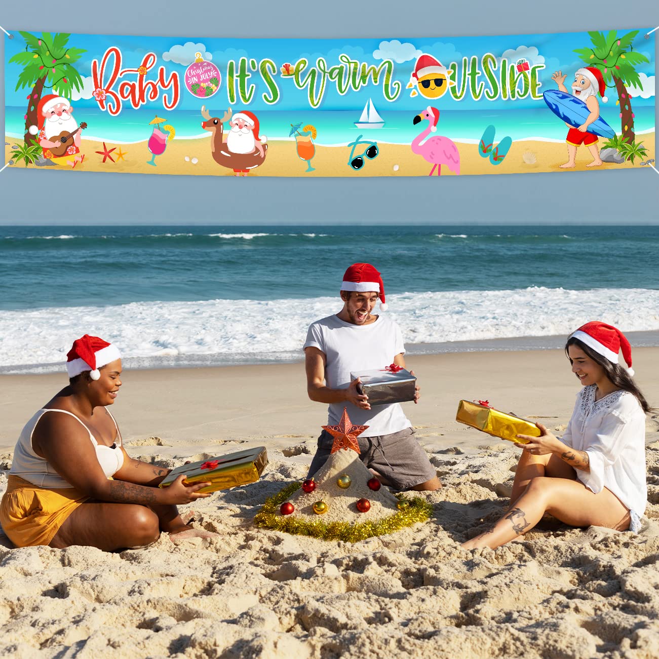 Christmas In July Decorations Baby It’s Warm Outside Banner Summer Christmas Yard Sign with Santa Claus, Beach and Flamingos for Hawaii Christmas Theme Supplies Indoor Outdoor Decorations