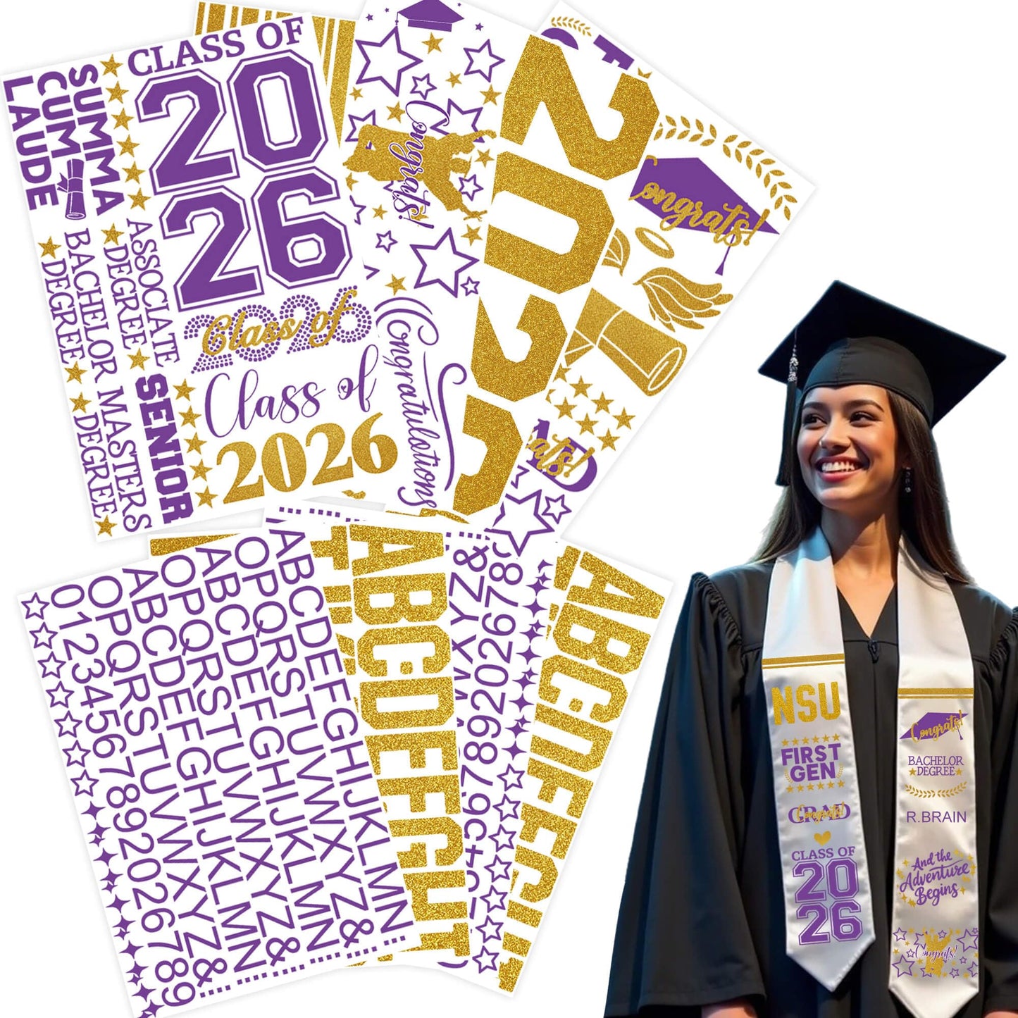Senior College First Generation Graduation Stole Sash Class of 2026 Decorations DIY Customize Grad Stole Sash Personalized Iron-On Decals Heat Transfer Vinyl HTV Cutouts Set, Purple Gold