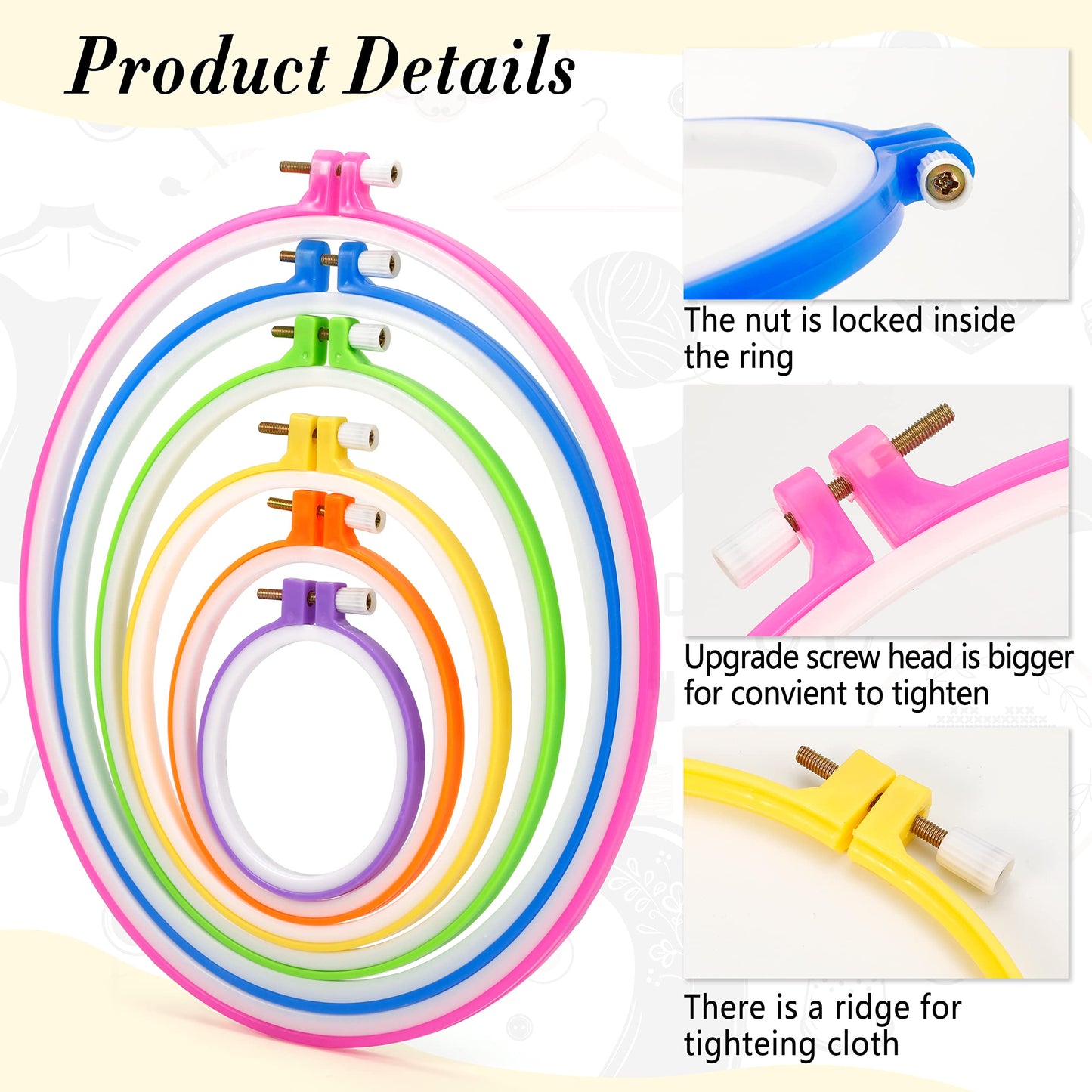 6 Pieces Plastic Embroidery Hoops Set and 16 Pieces Needles Plastic Circle Cross Stitch Hoop Ring 3.4 inch to 10.2 inch for Embroidery and Cross Stitch(Multicolor)