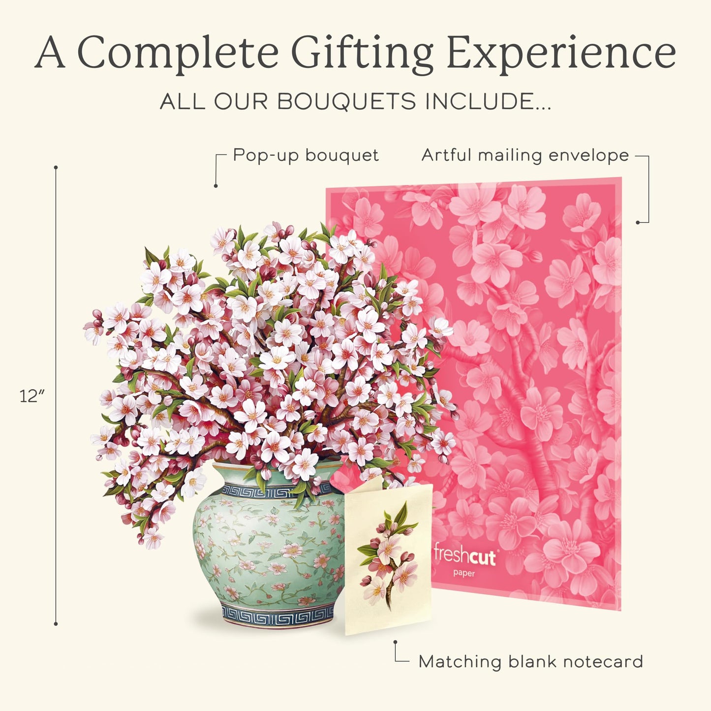 Freshcut Paper Japanese Cherry Blossoms 12 Inch Life-Sized 3D Pop Up Card – Greeting Card, Birthday, Mothers Day, Thank You, Gifts for Mom and Her – Includes Notecard and Envelope