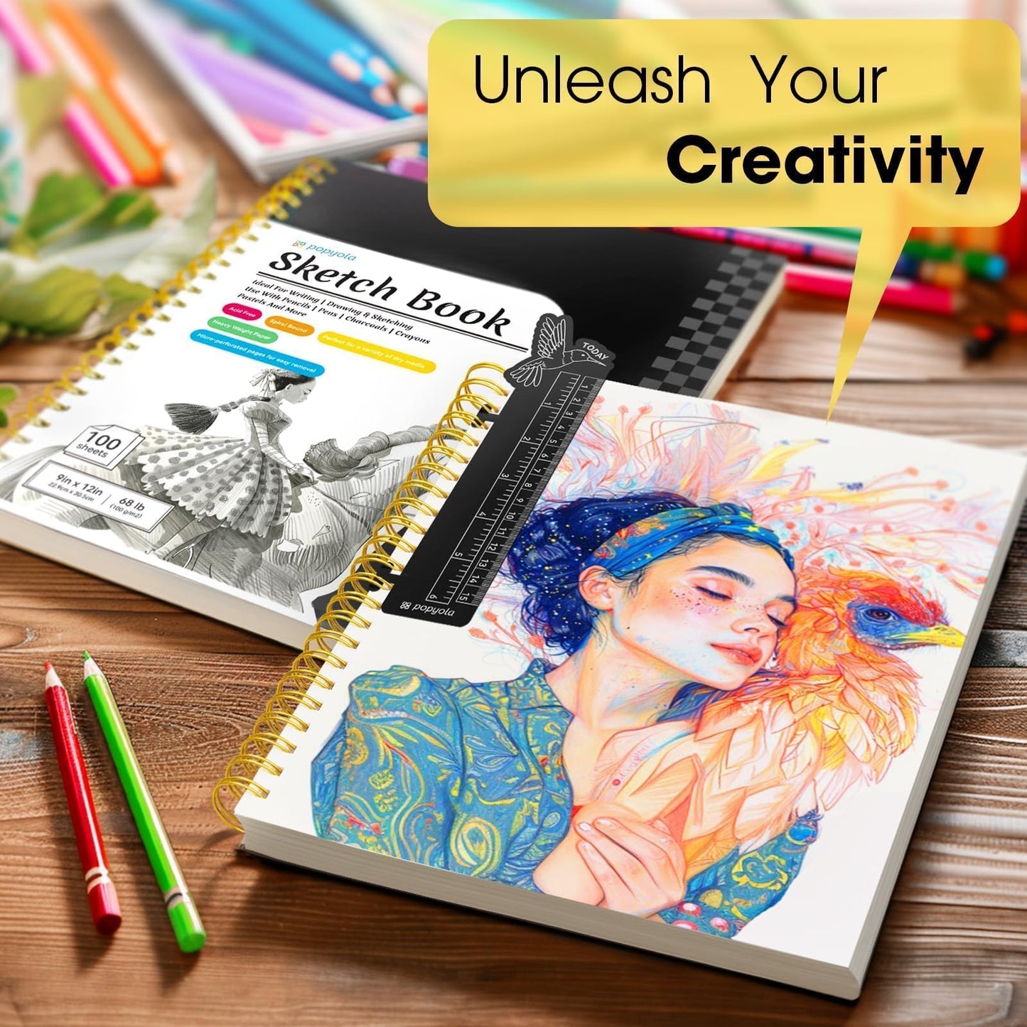 9" x 12" Sketch Book with Bookmark Ruler, 100 Sheets Spiral Sketchbook for Drawing (68lb/100gsm), Acid Free Sketch Pad Artist Sketching Drawing Paper for Kids Teens Adults Artists