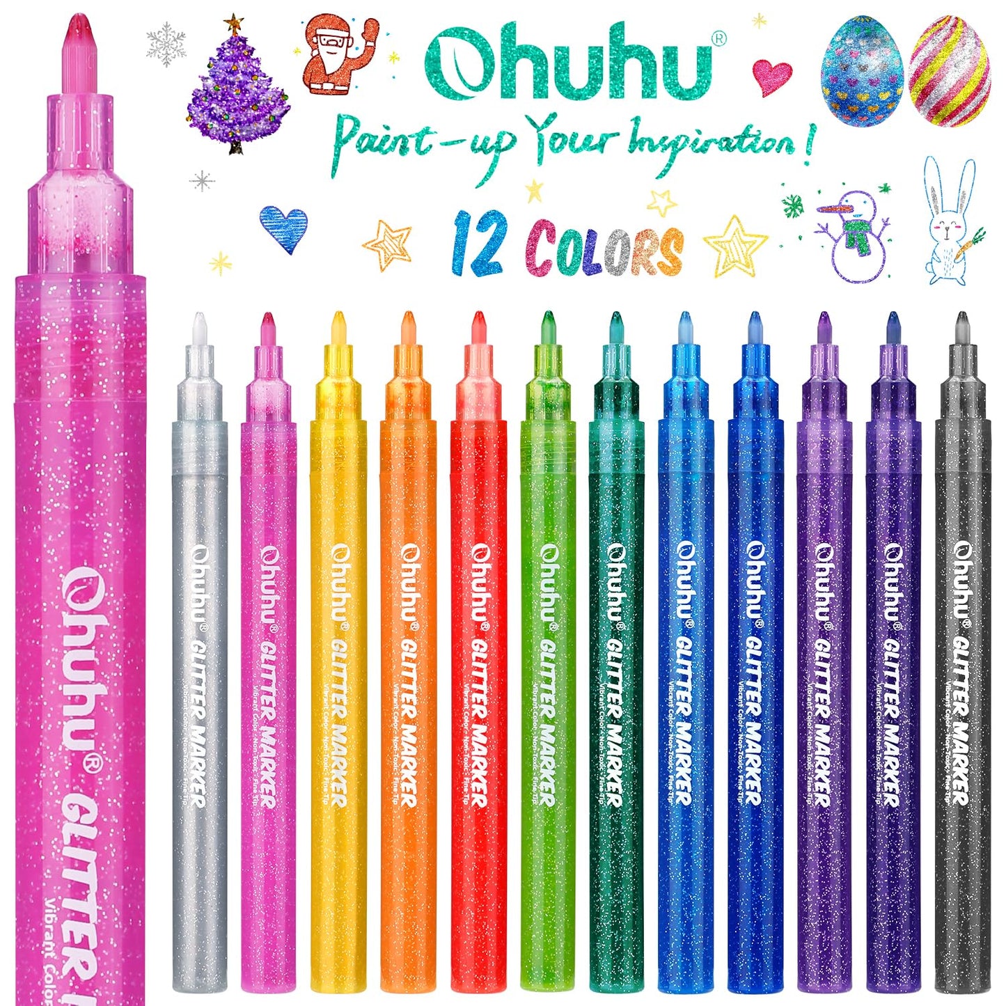 Glitter Markers Pen 12 Glitter Colors Metallic Shimmer Marker Fine Point Tip Water-based Ink for Kids Adults DIY Crafts Greeting Birthday Cards Making Poster Album Scrapbooking Mugs Wood
