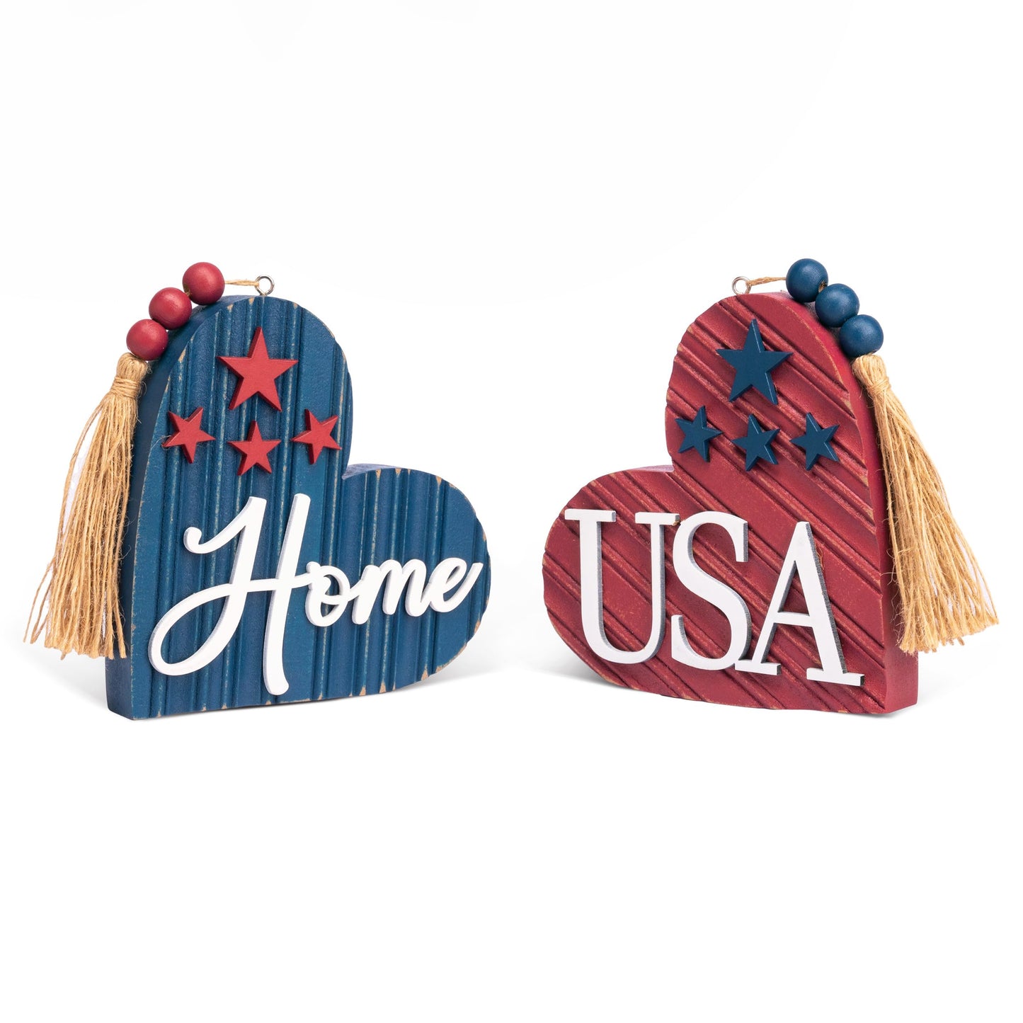 Valery Madelyn 4th of July Table Decorations, 2 Pcs Wooden Memorial Day Decorations Patriotic Decor Heart Centerpieces, Red White and Blue Americana Home USA Sign for Independence Day, 4 inch